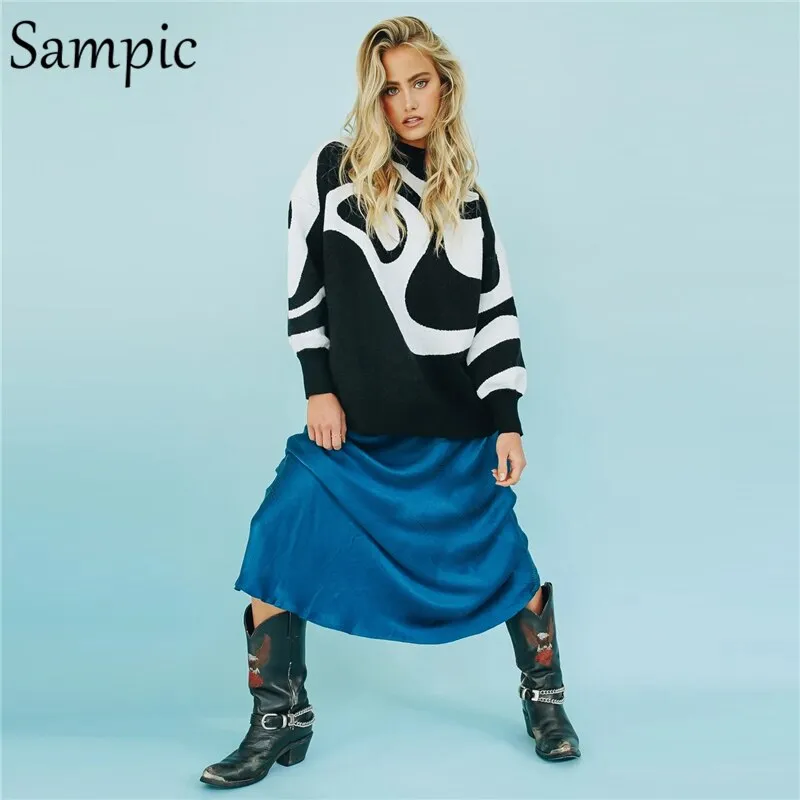 Joskaa Christmas Gift Sampic Y2K Winter Knitted Vintage Pullovers Long Sleeve Striped Loose Casual Sweater Tops Korean Fashion 2024 Jumper Female