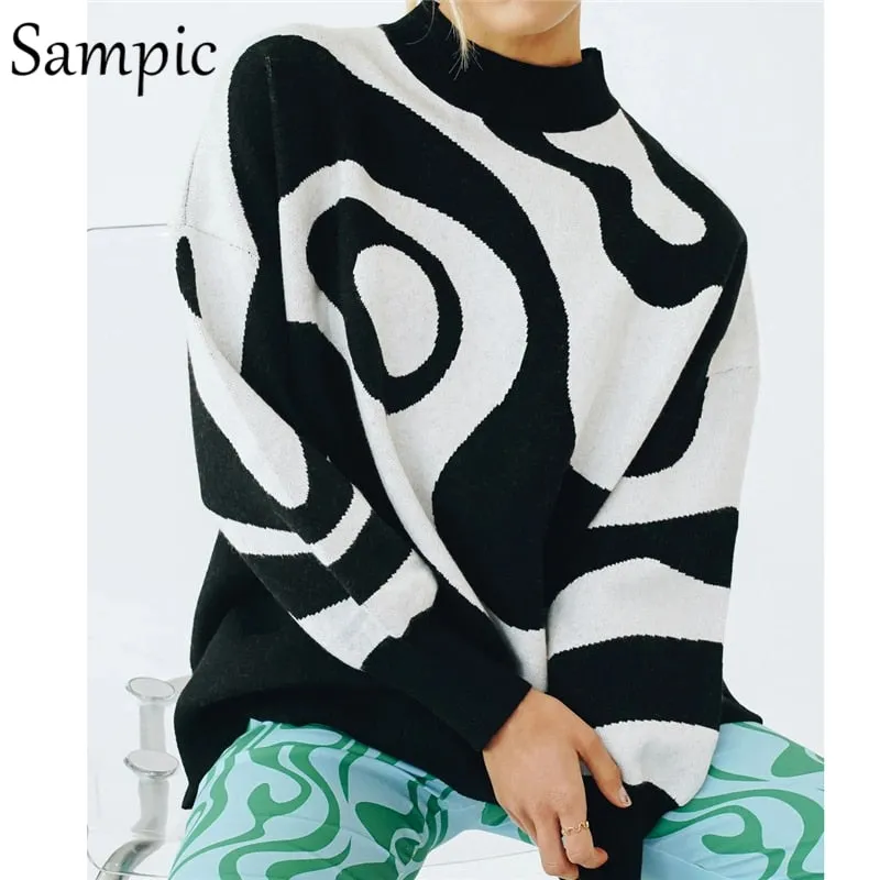 Joskaa Christmas Gift Sampic Y2K Winter Knitted Vintage Pullovers Long Sleeve Striped Loose Casual Sweater Tops Korean Fashion 2024 Jumper Female