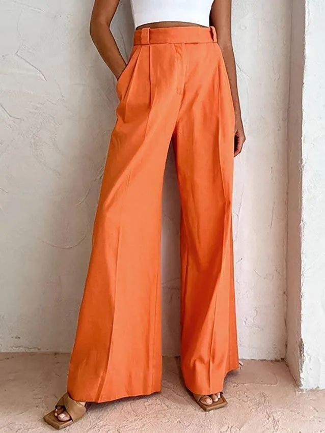 Ladies Solid Color High Waist Wide Leg Pants C-K2298