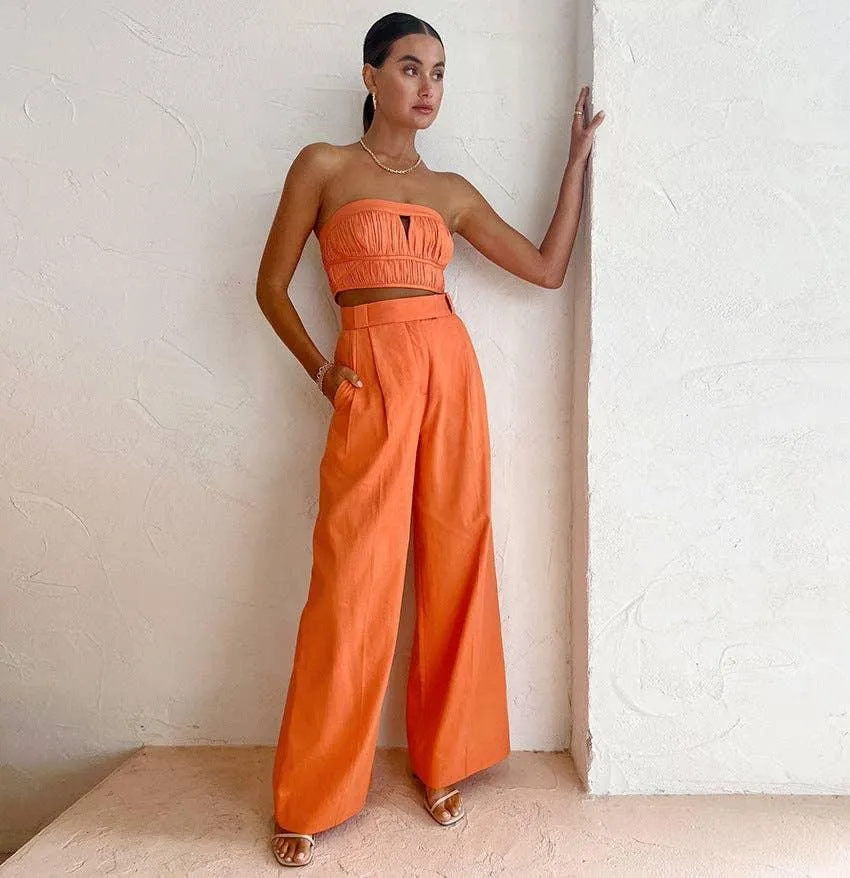 Ladies Solid Color High Waist Wide Leg Pants C-K2298