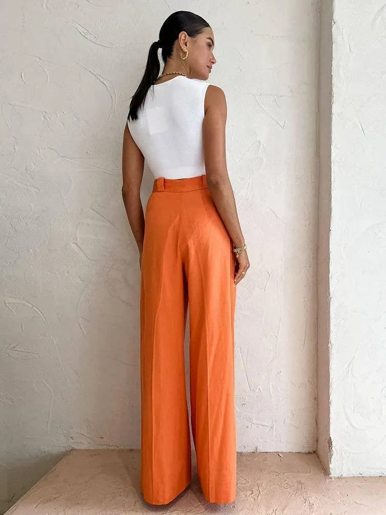 Ladies Solid Color High Waist Wide Leg Pants C-K2298