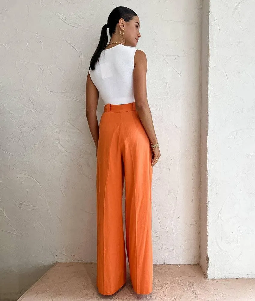 Ladies Solid Color High Waist Wide Leg Pants C-K2298