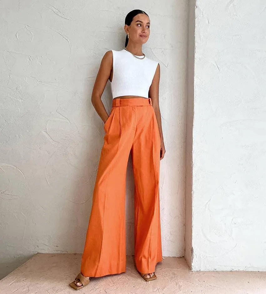 Ladies Solid Color High Waist Wide Leg Pants C-K2298