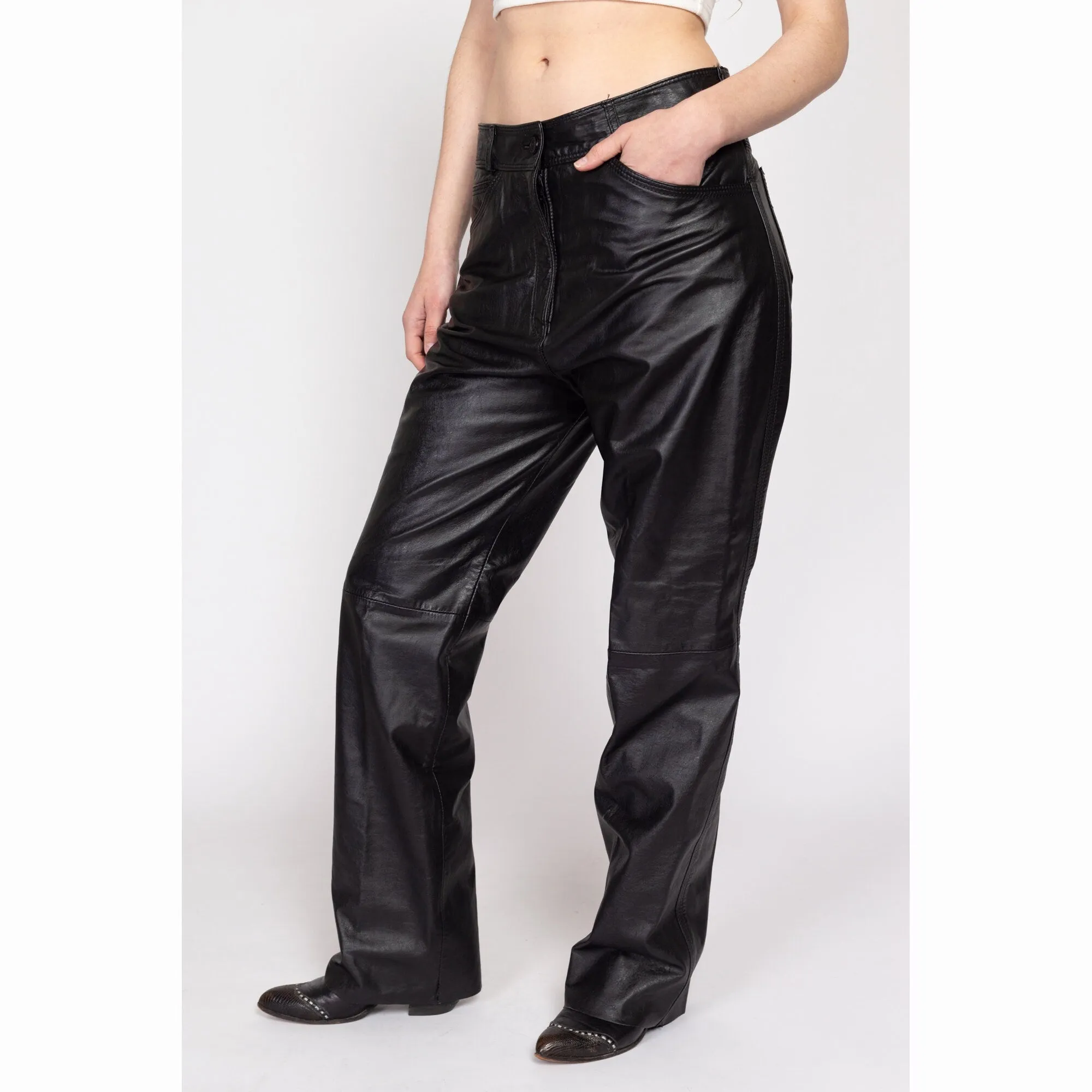 Large 90s Jordache Black Leather High Waisted Trousers 32"