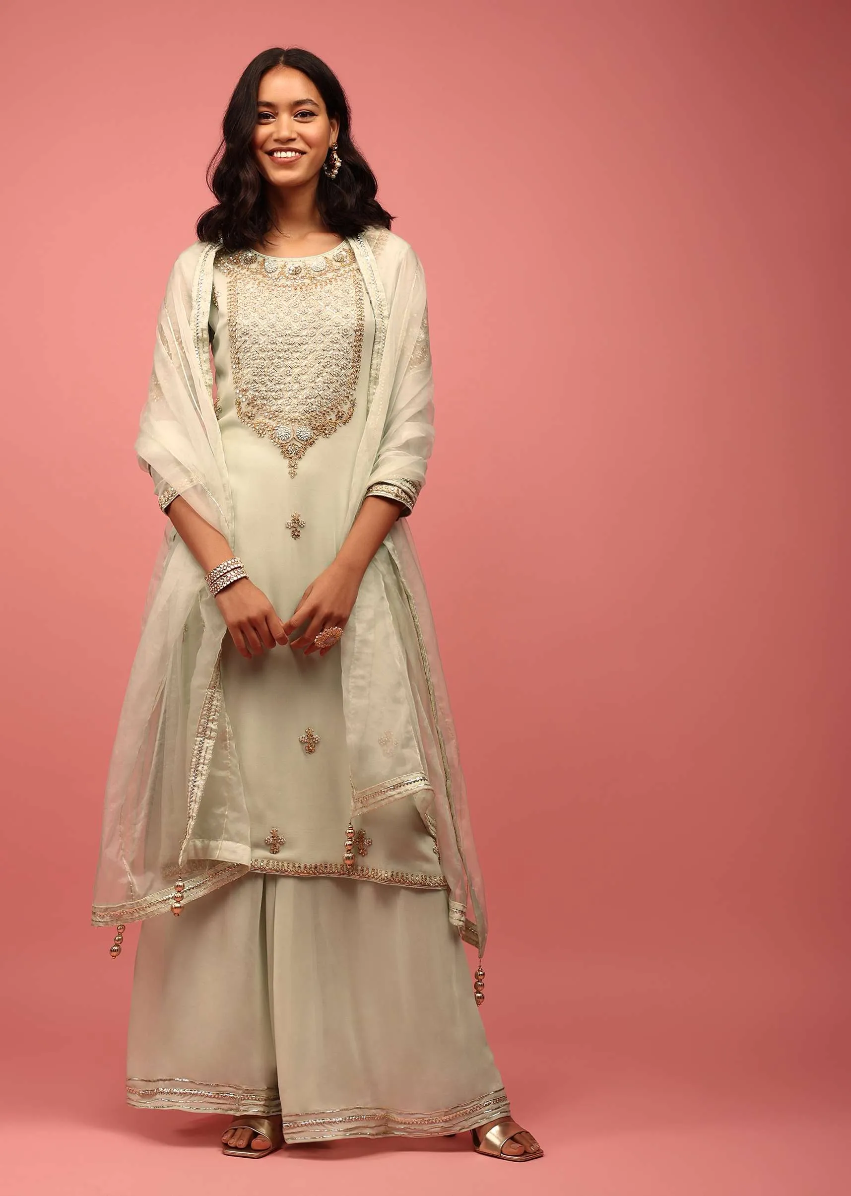 Light Green Palazzo Suit Hand Embroidered In Georgette With Zardosi, Sequins And Gotta Work