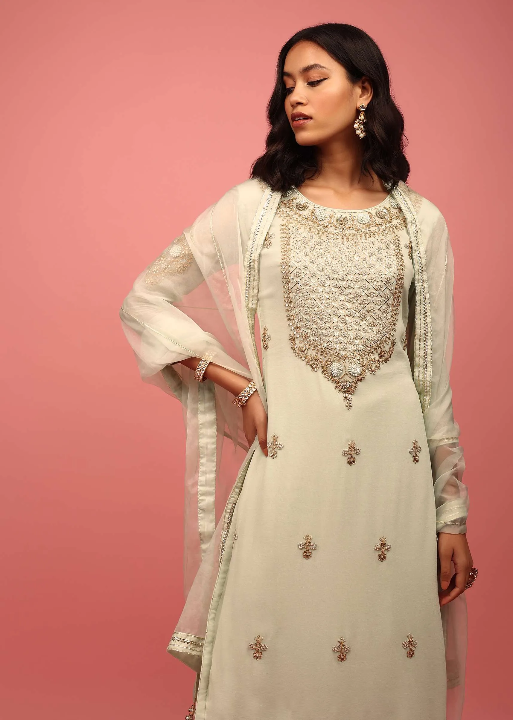 Light Green Palazzo Suit Hand Embroidered In Georgette With Zardosi, Sequins And Gotta Work