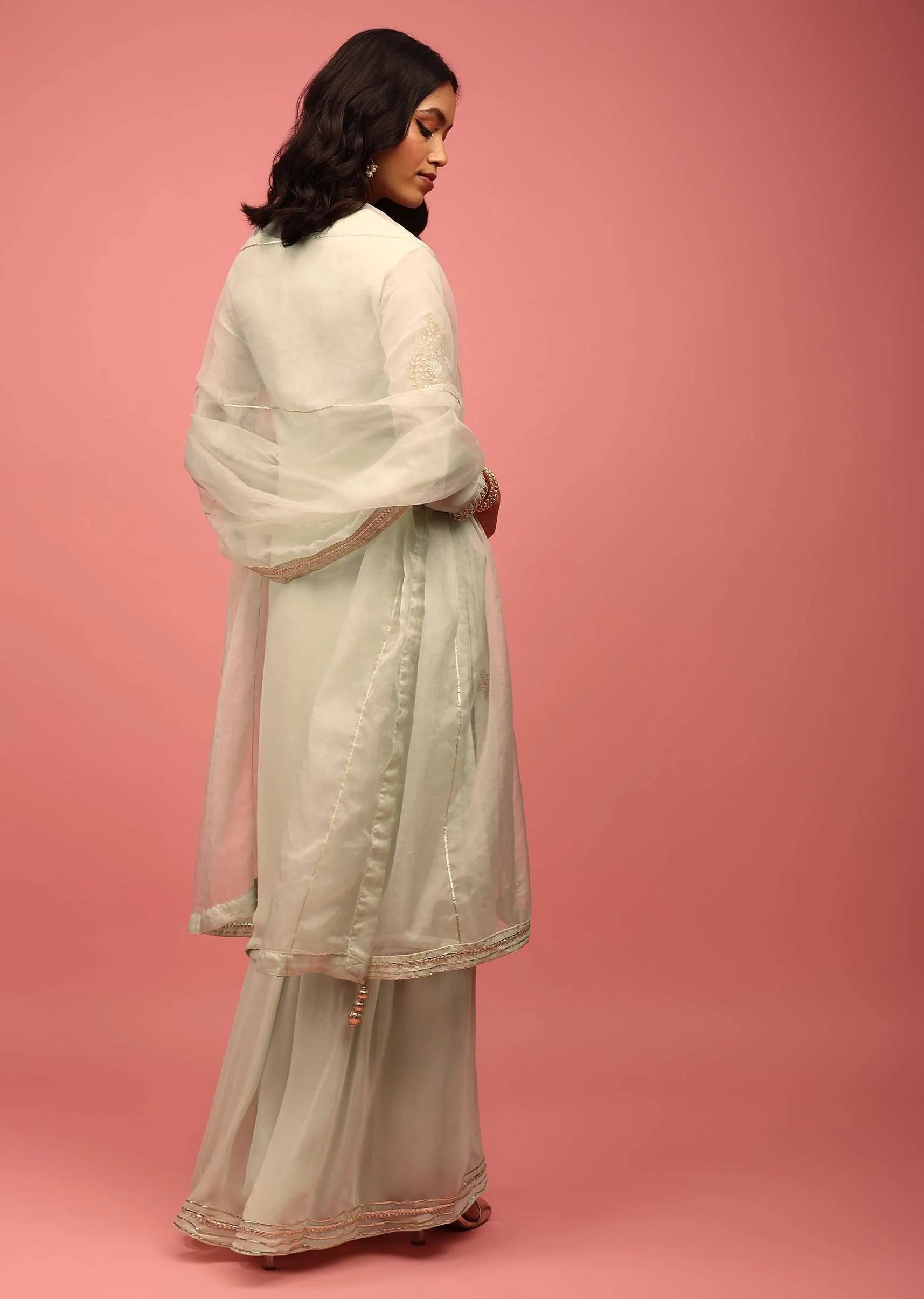 Light Green Palazzo Suit Hand Embroidered In Georgette With Zardosi, Sequins And Gotta Work