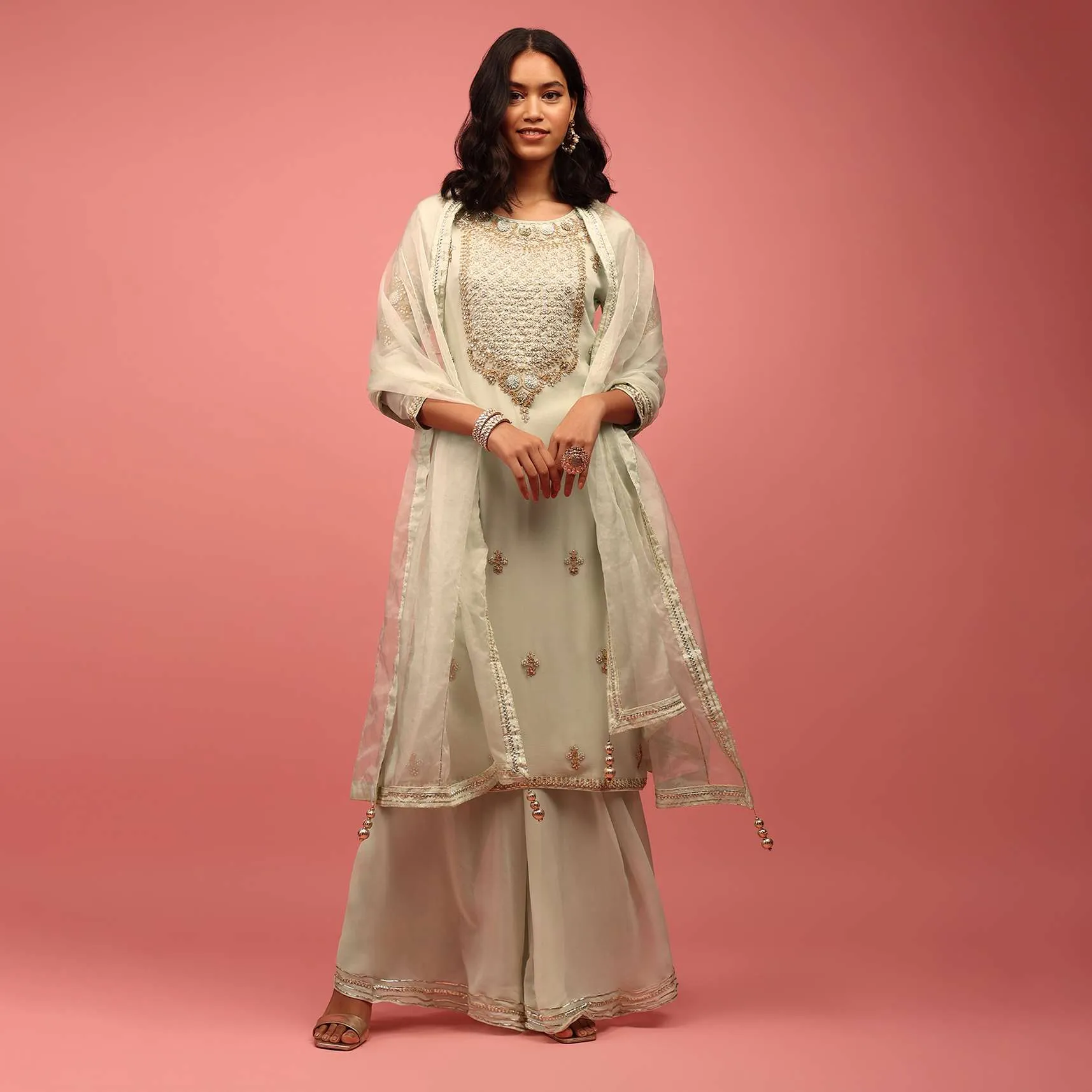 Light Green Palazzo Suit Hand Embroidered In Georgette With Zardosi, Sequins And Gotta Work