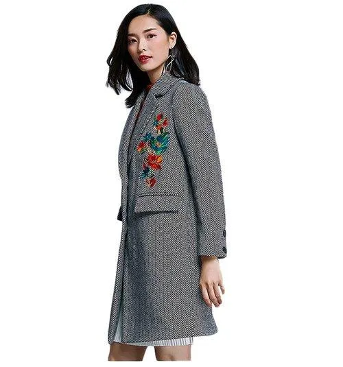 Limited edition designer unique embroidered herringbone fall winter long high fashion quality coat jacket-- Akiko