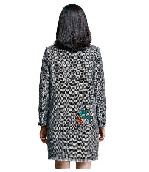Limited edition designer unique embroidered herringbone fall winter long high fashion quality coat jacket-- Akiko