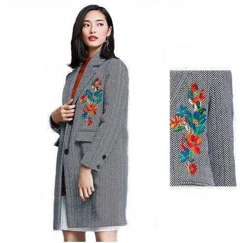 Limited edition designer unique embroidered herringbone fall winter long high fashion quality coat jacket-- Akiko