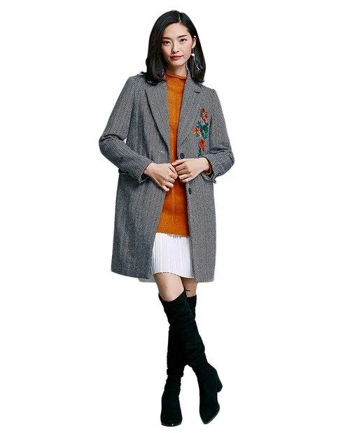 Limited edition designer unique embroidered herringbone fall winter long high fashion quality coat jacket-- Akiko