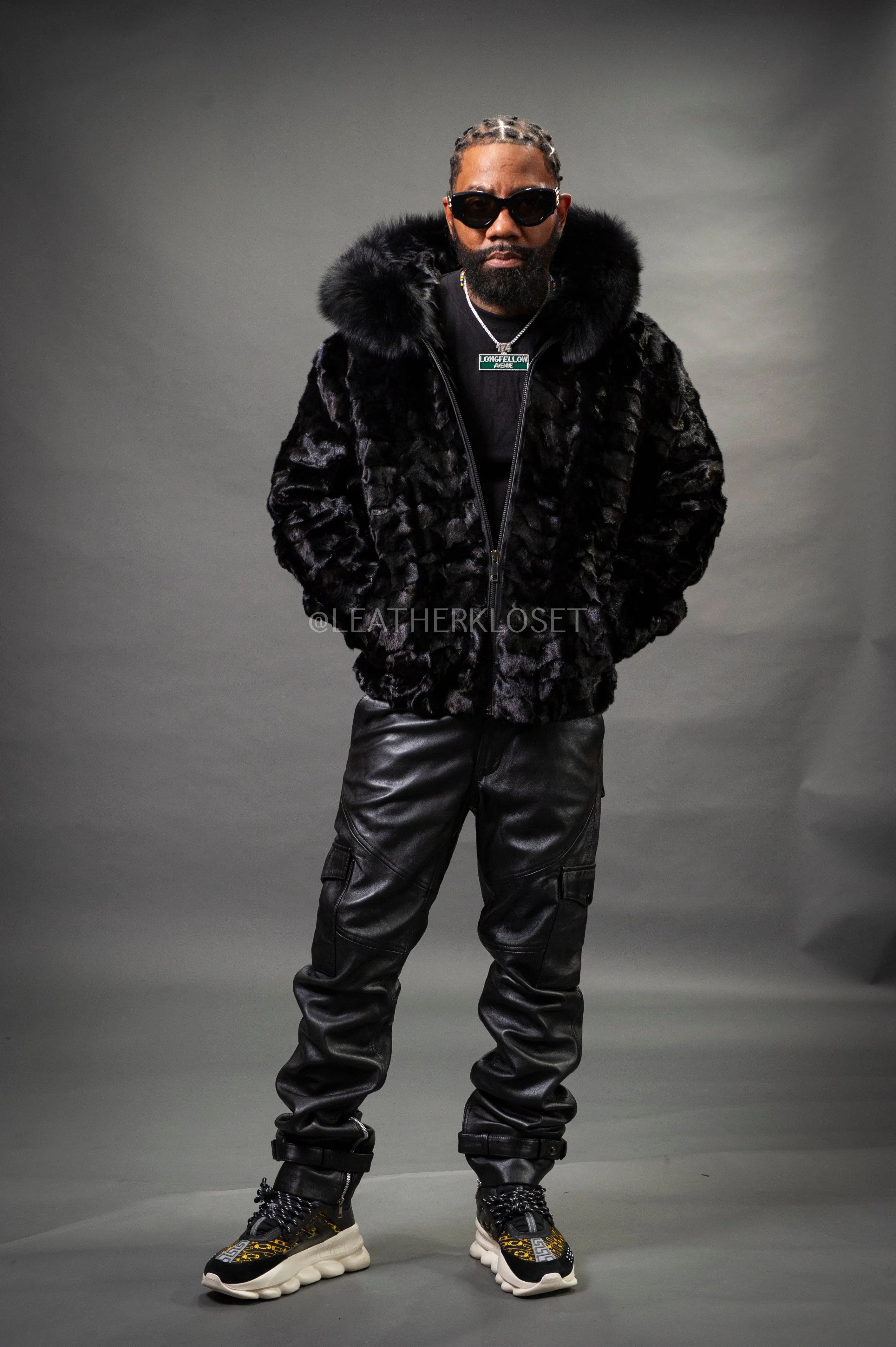 Men's Mink Bomber Jacket With Attached Hood [Black]