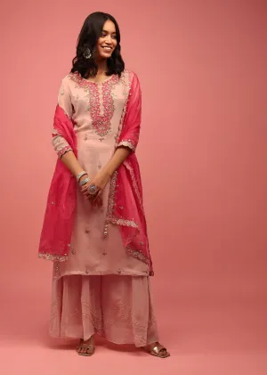 Peach Palazzo Suit Set Handcrafted In Georgette With A Hot Pink Organza Dupatta