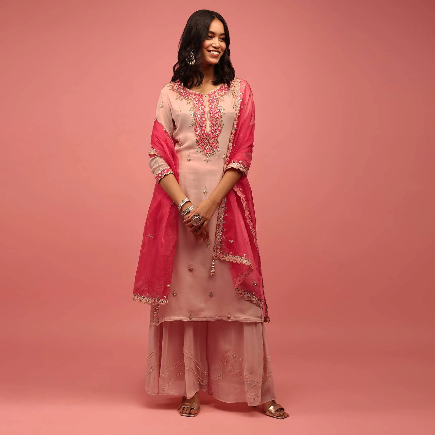 Peach Palazzo Suit Set Handcrafted In Georgette With A Hot Pink Organza Dupatta