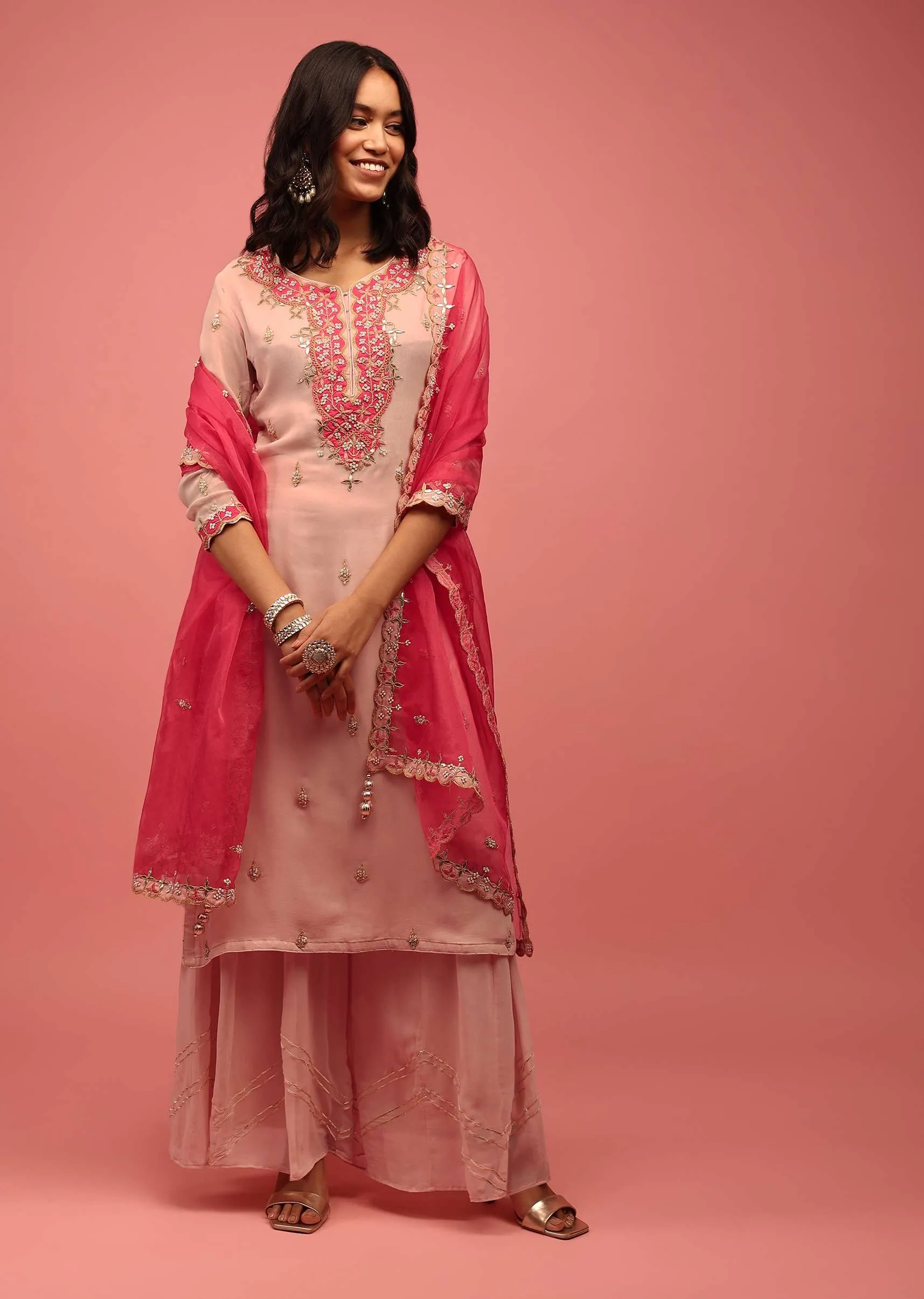 Peach Palazzo Suit Set Handcrafted In Georgette With A Hot Pink Organza Dupatta