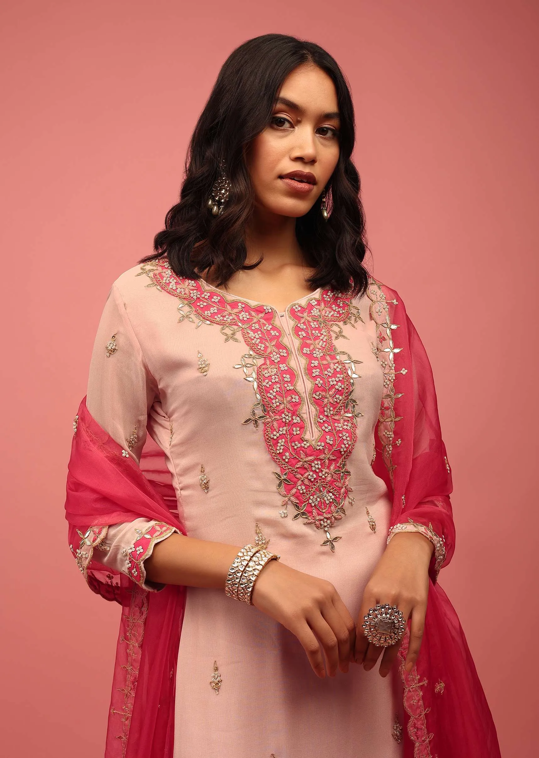 Peach Palazzo Suit Set Handcrafted In Georgette With A Hot Pink Organza Dupatta