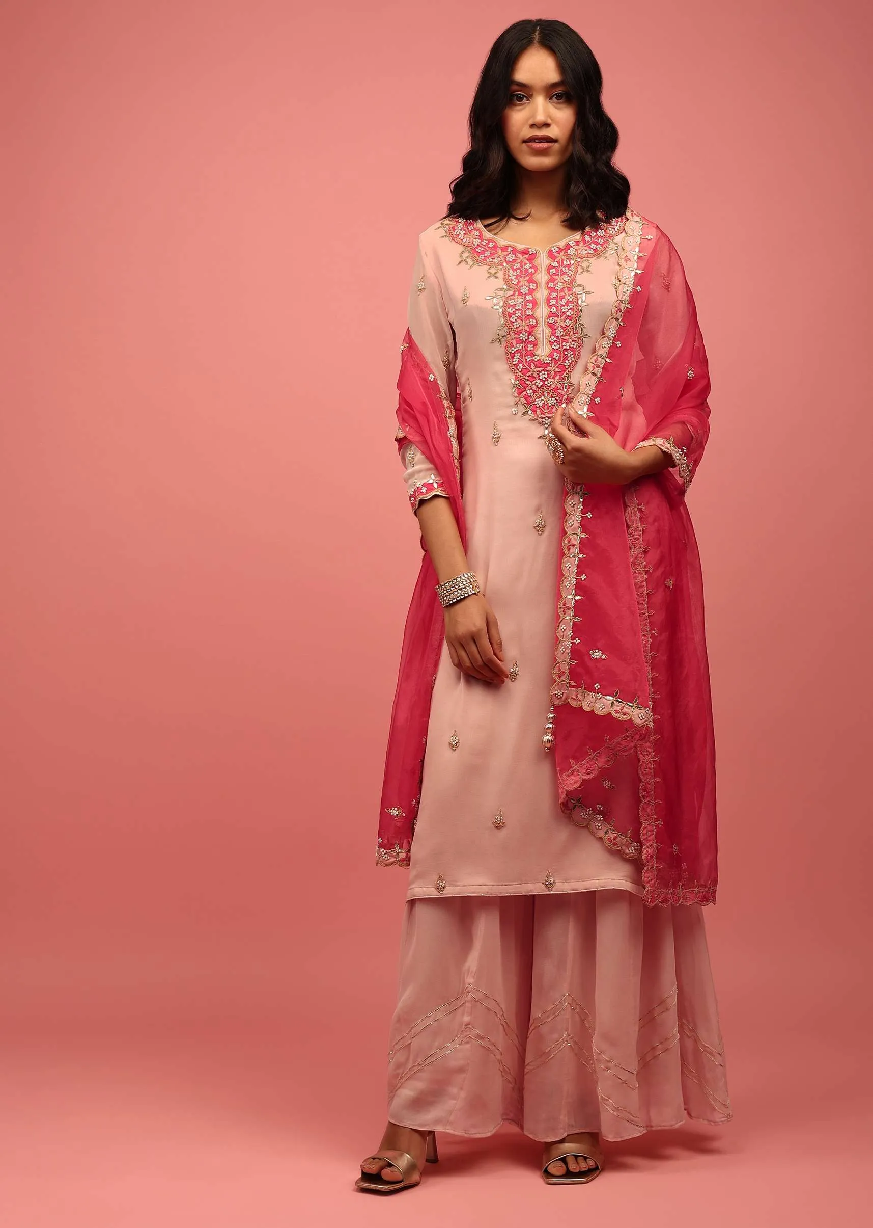 Peach Palazzo Suit Set Handcrafted In Georgette With A Hot Pink Organza Dupatta