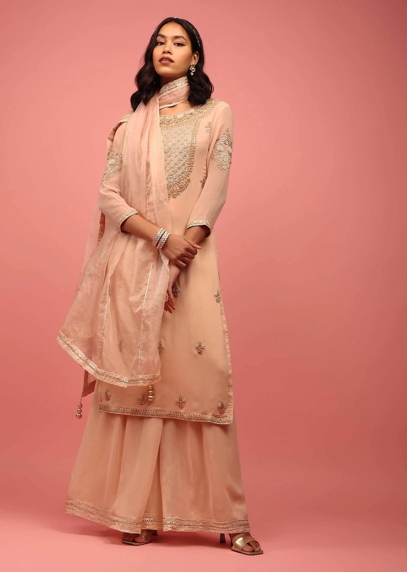 Peach Pink Palazzo Suit Hand Embroidered In Georgette With Zardosi, Sequins And Gotta Work