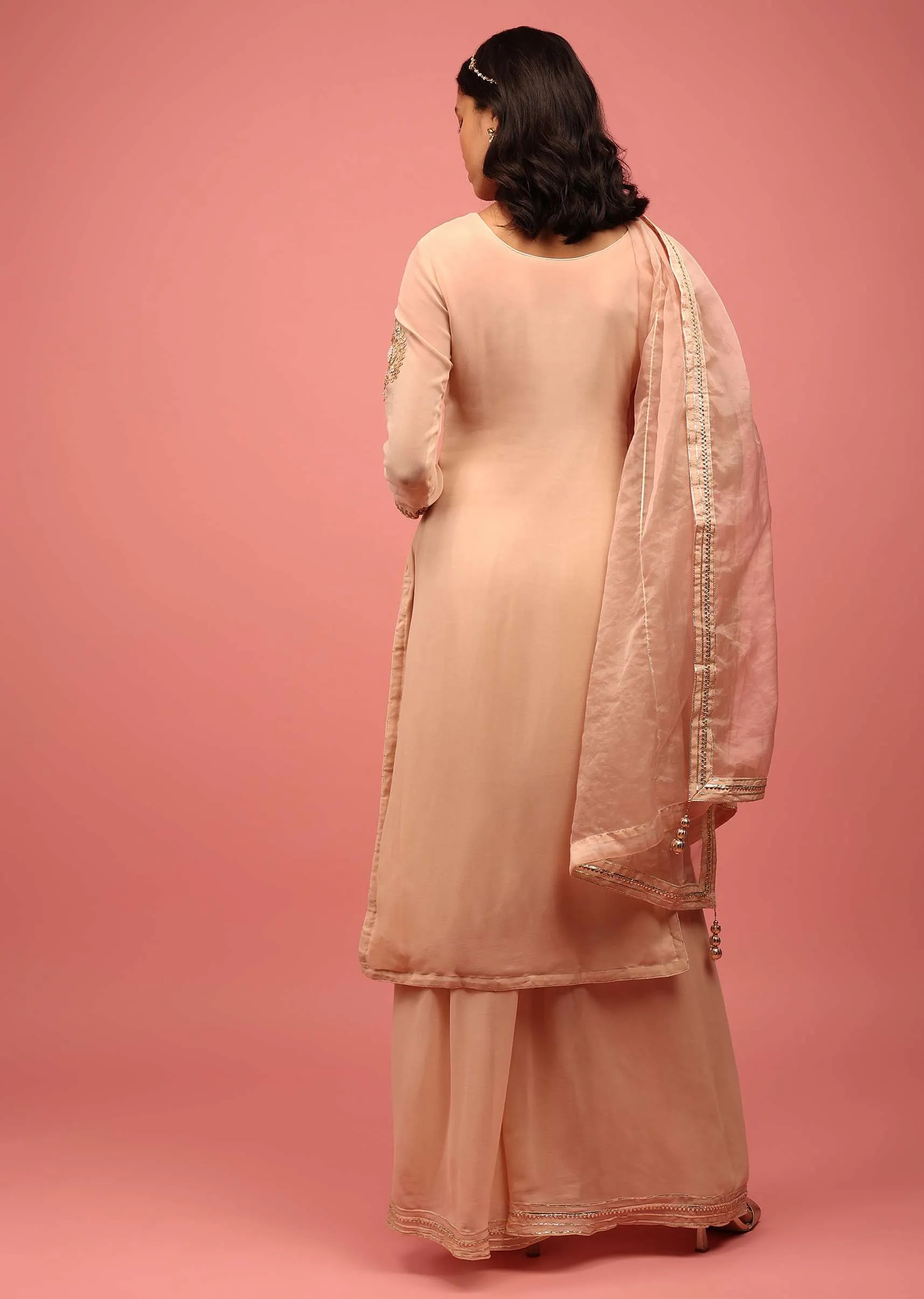 Peach Pink Palazzo Suit Hand Embroidered In Georgette With Zardosi, Sequins And Gotta Work