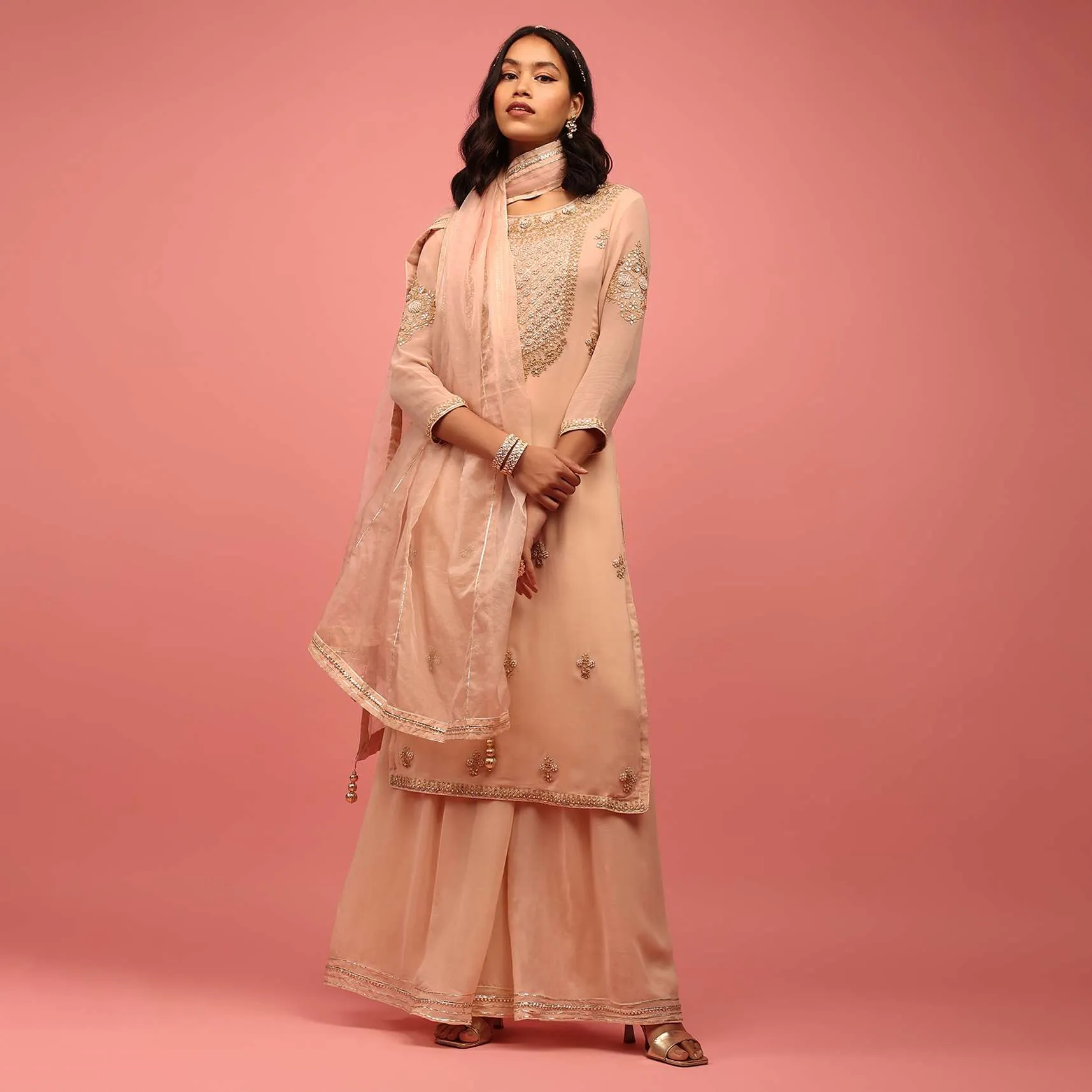 Peach Pink Palazzo Suit Hand Embroidered In Georgette With Zardosi, Sequins And Gotta Work