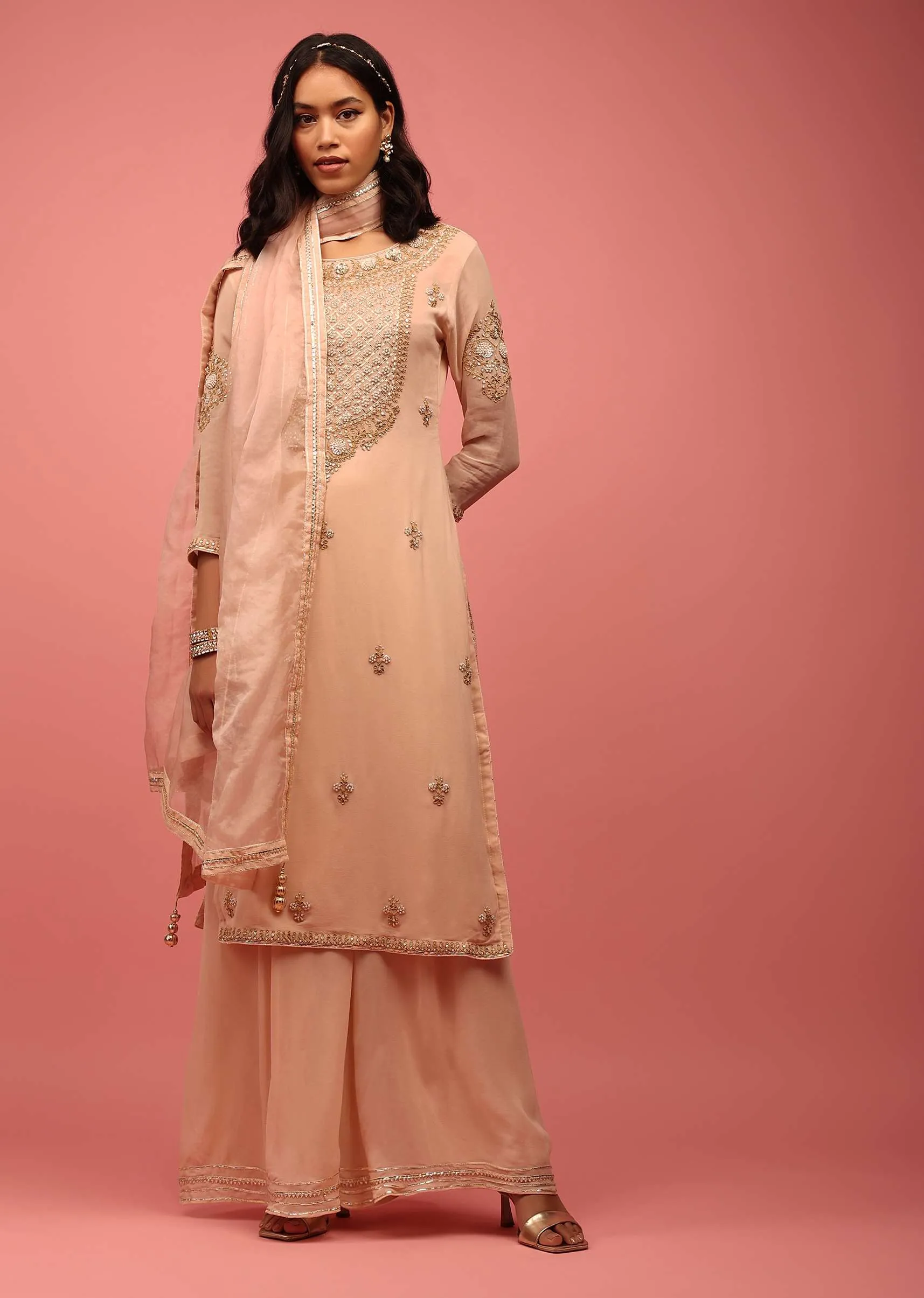 Peach Pink Palazzo Suit Hand Embroidered In Georgette With Zardosi, Sequins And Gotta Work