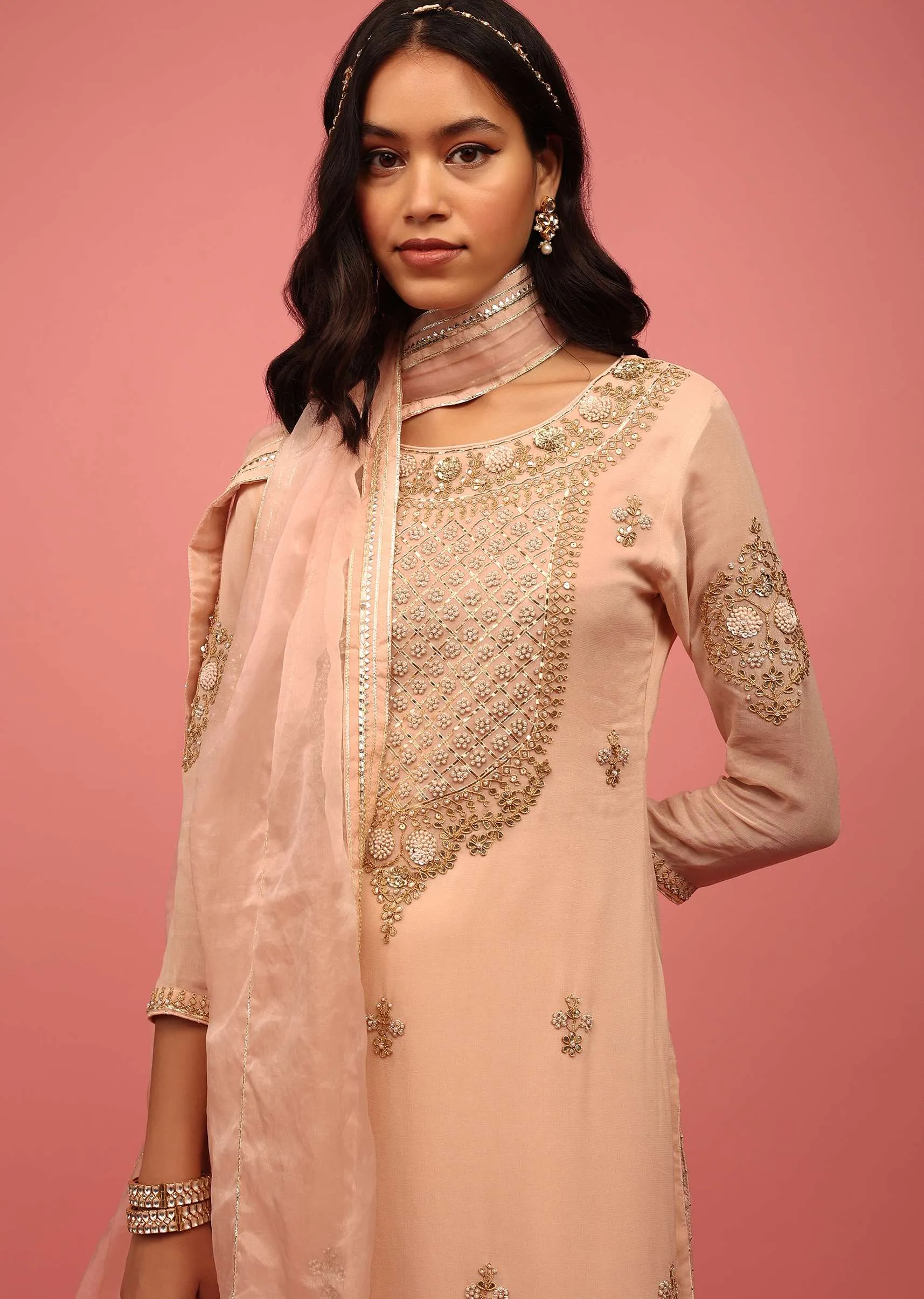 Peach Pink Palazzo Suit Hand Embroidered In Georgette With Zardosi, Sequins And Gotta Work