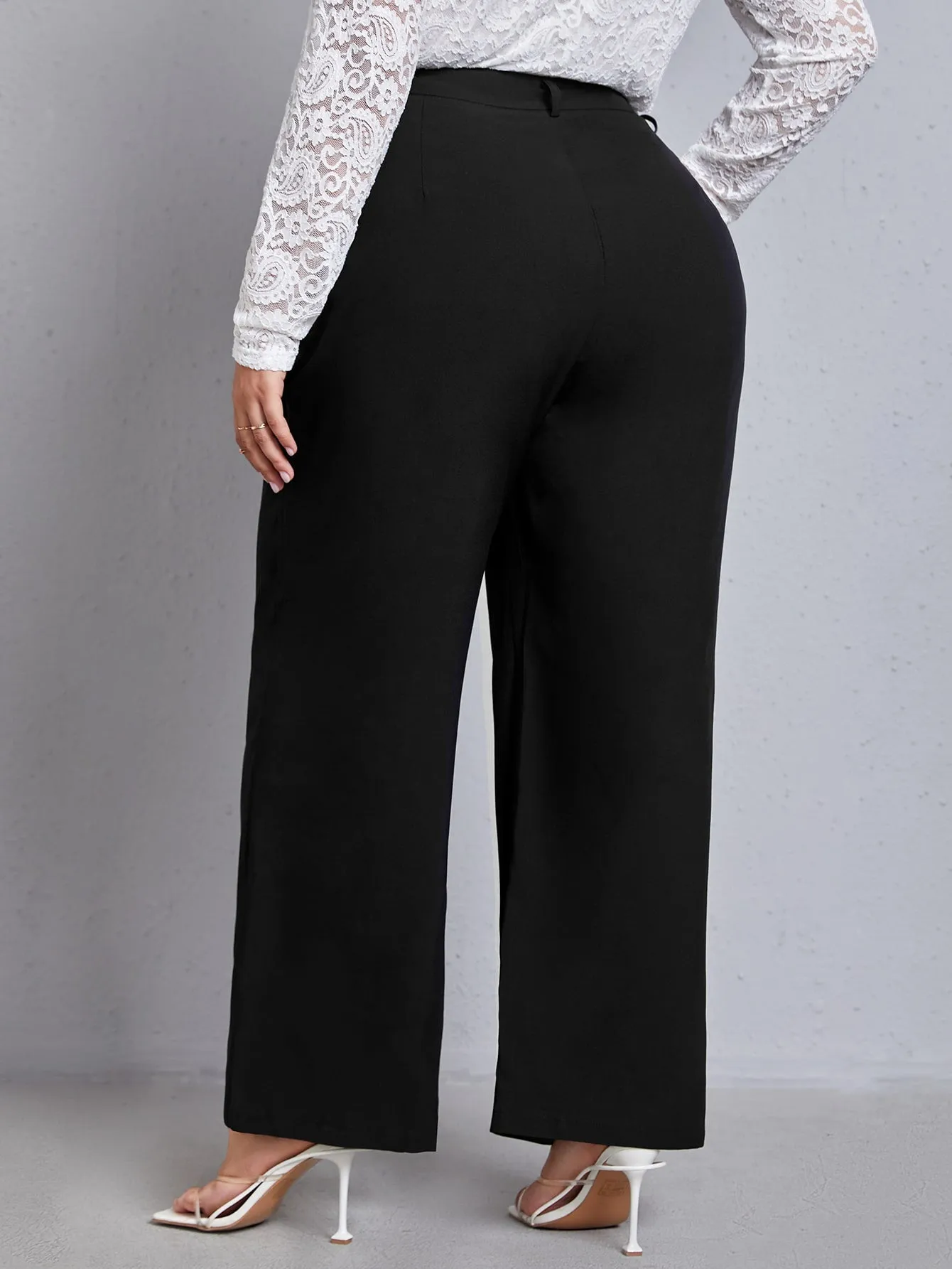 Plain Pocket High Waist Long Plus Size Suit Pants