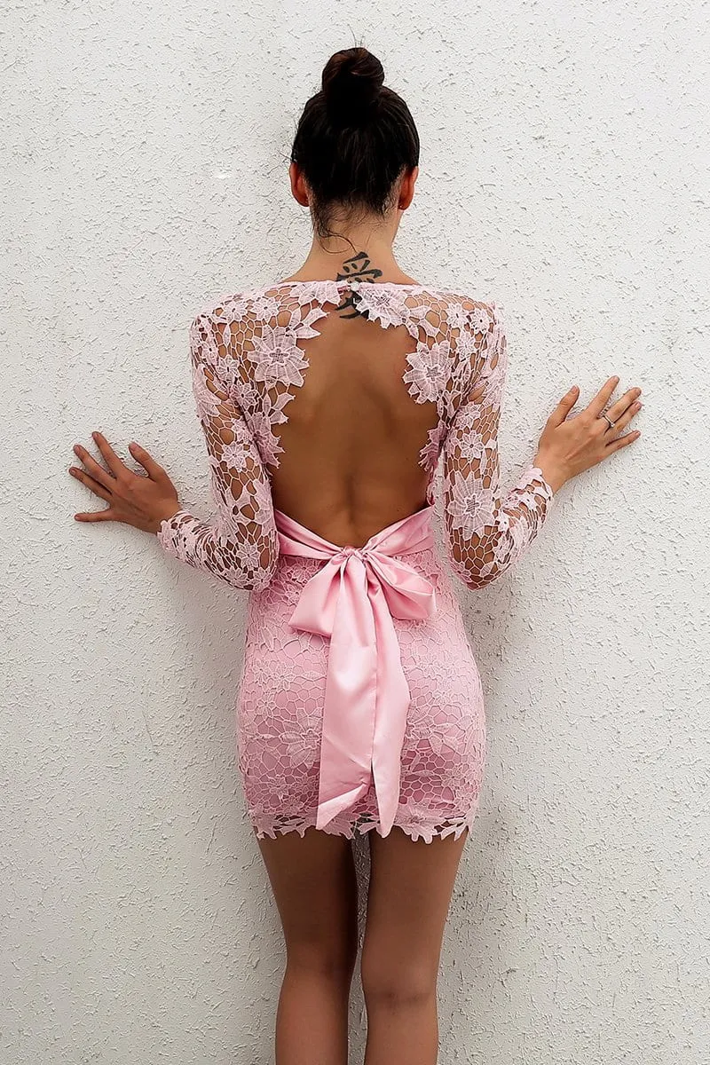 "Pretty in pink" lace detail bow tie back mini dress