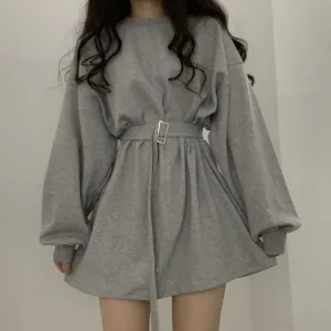 Retro Puffy Sleeve Belt Loose Waist Dress SD02110
