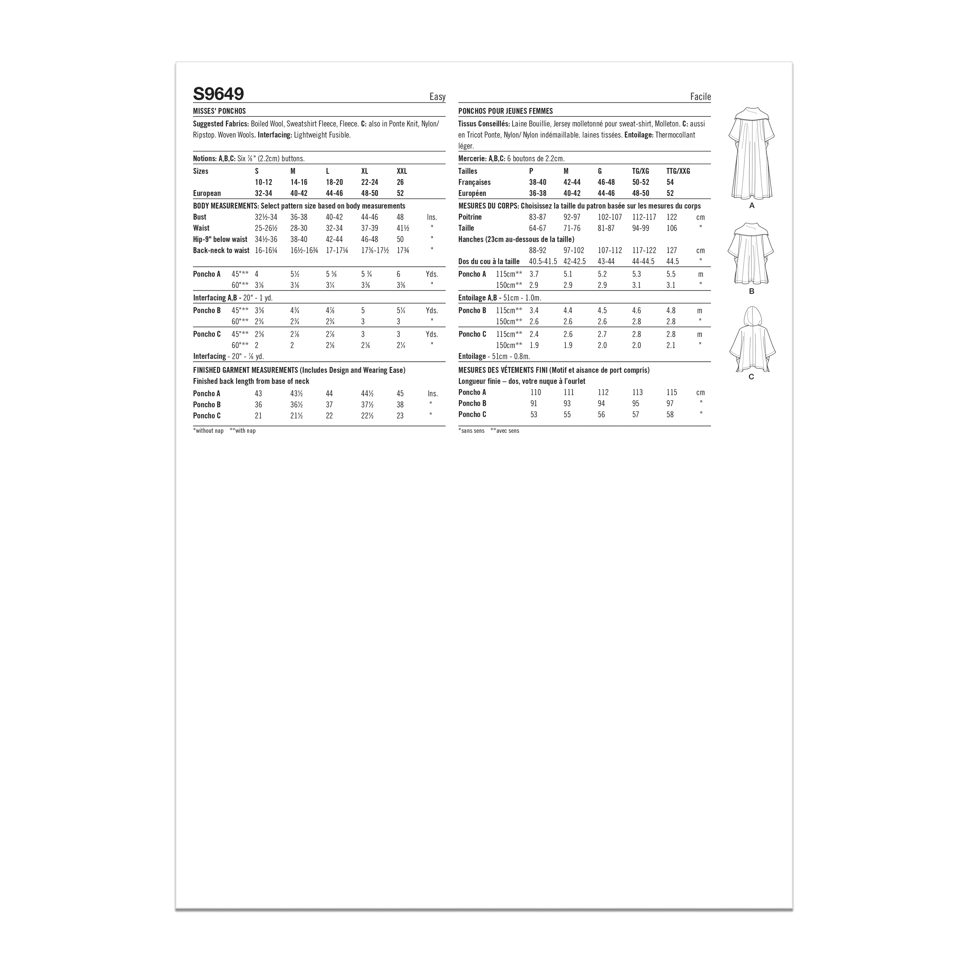 Simplicity sewing pattern 9649 Misses' Ponchos
