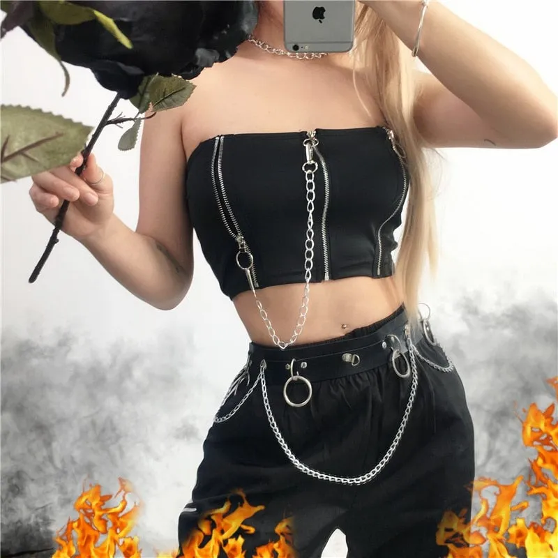 Summer Punk Gothic Tube Patchwork Zipper Chains Sexy Wrap Bralette Crop Top