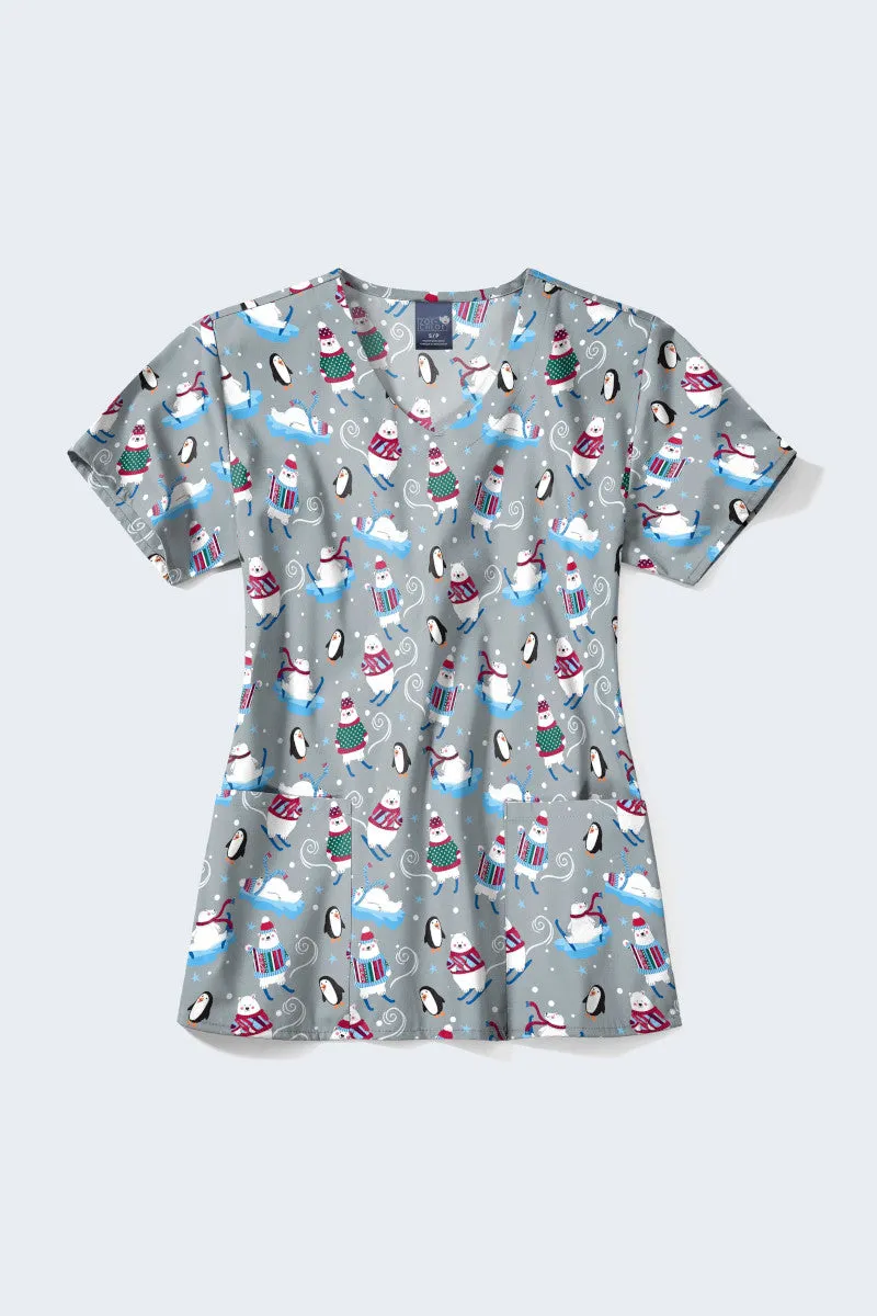 ‘Tis the Ski-son Women's Print Scrub Top - Z12213