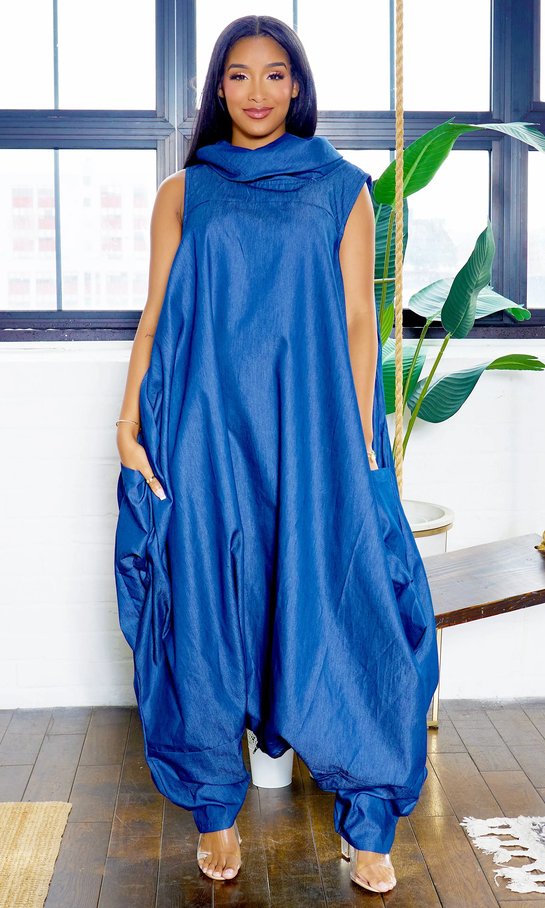 Turtle Neck Harem Jumpsuit - Blue Denim