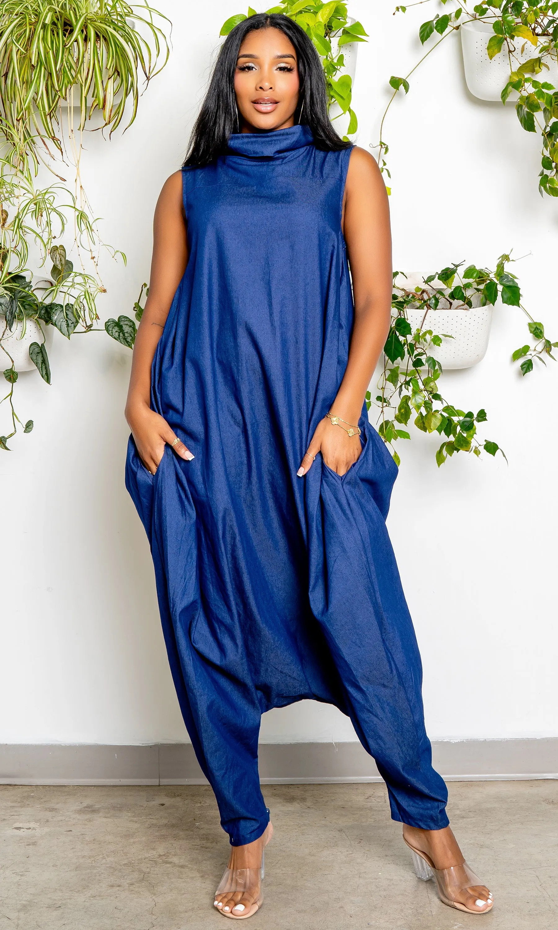 Turtle Neck Harem Jumpsuit - Blue Denim