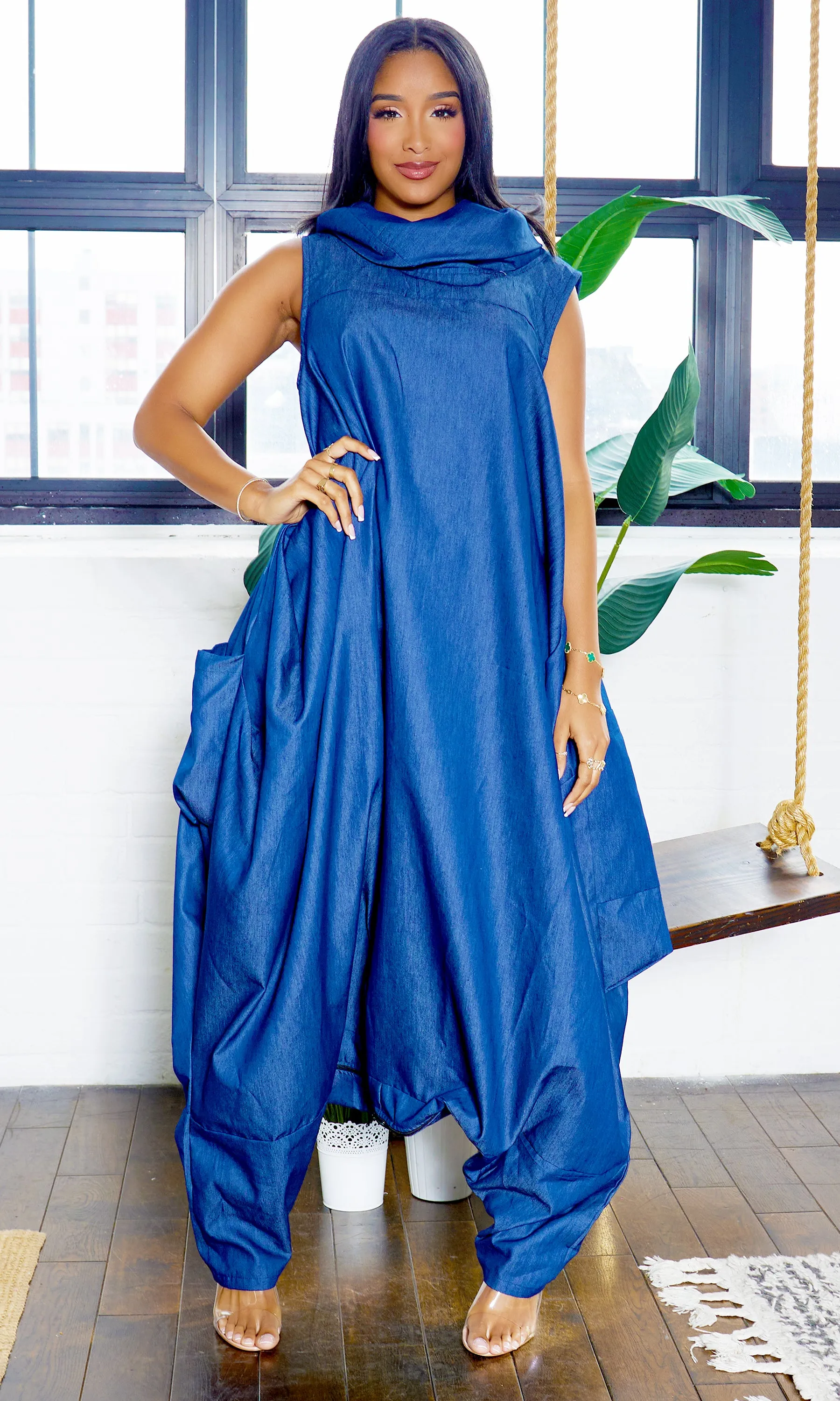 Turtle Neck Harem Jumpsuit - Blue Denim