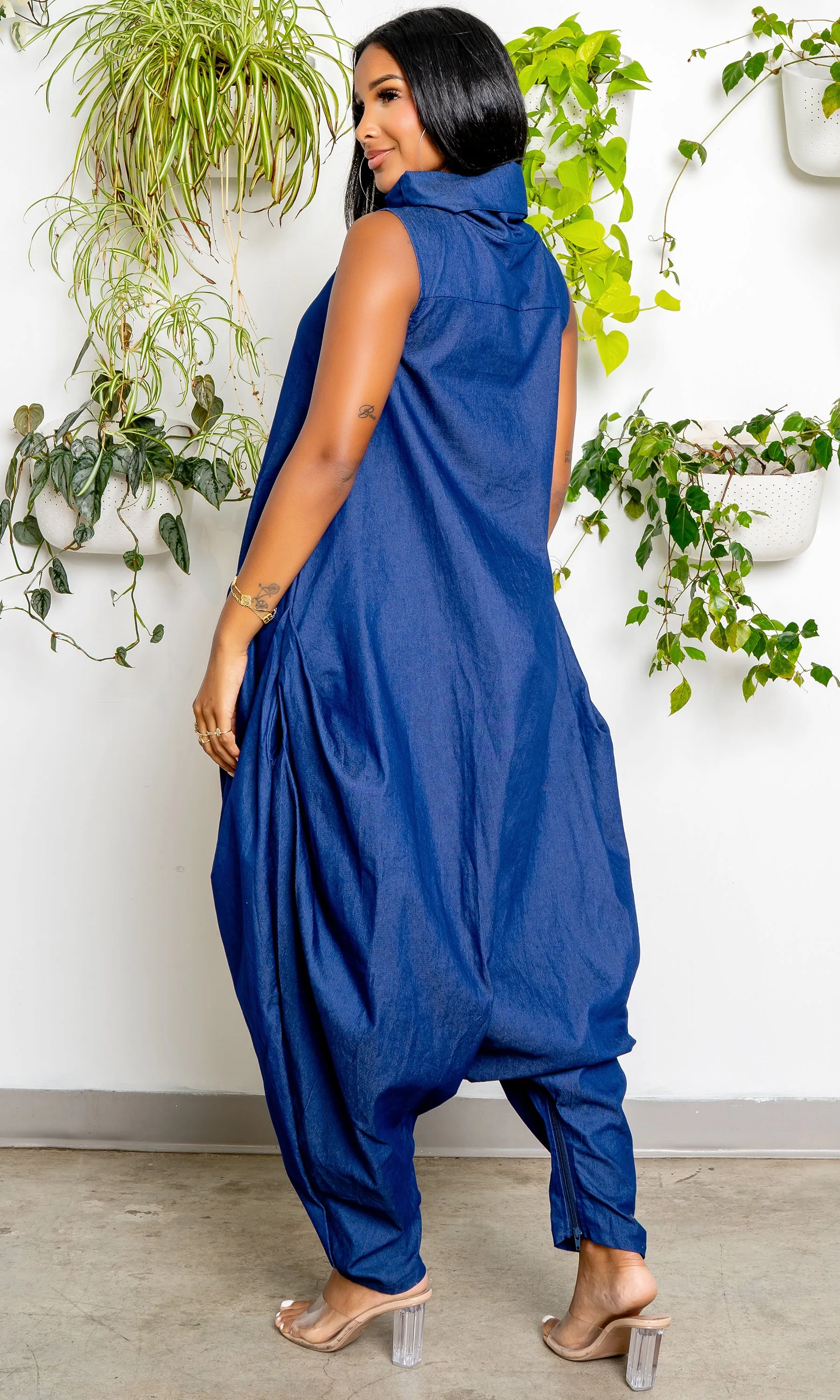 Turtle Neck Harem Jumpsuit - Blue Denim