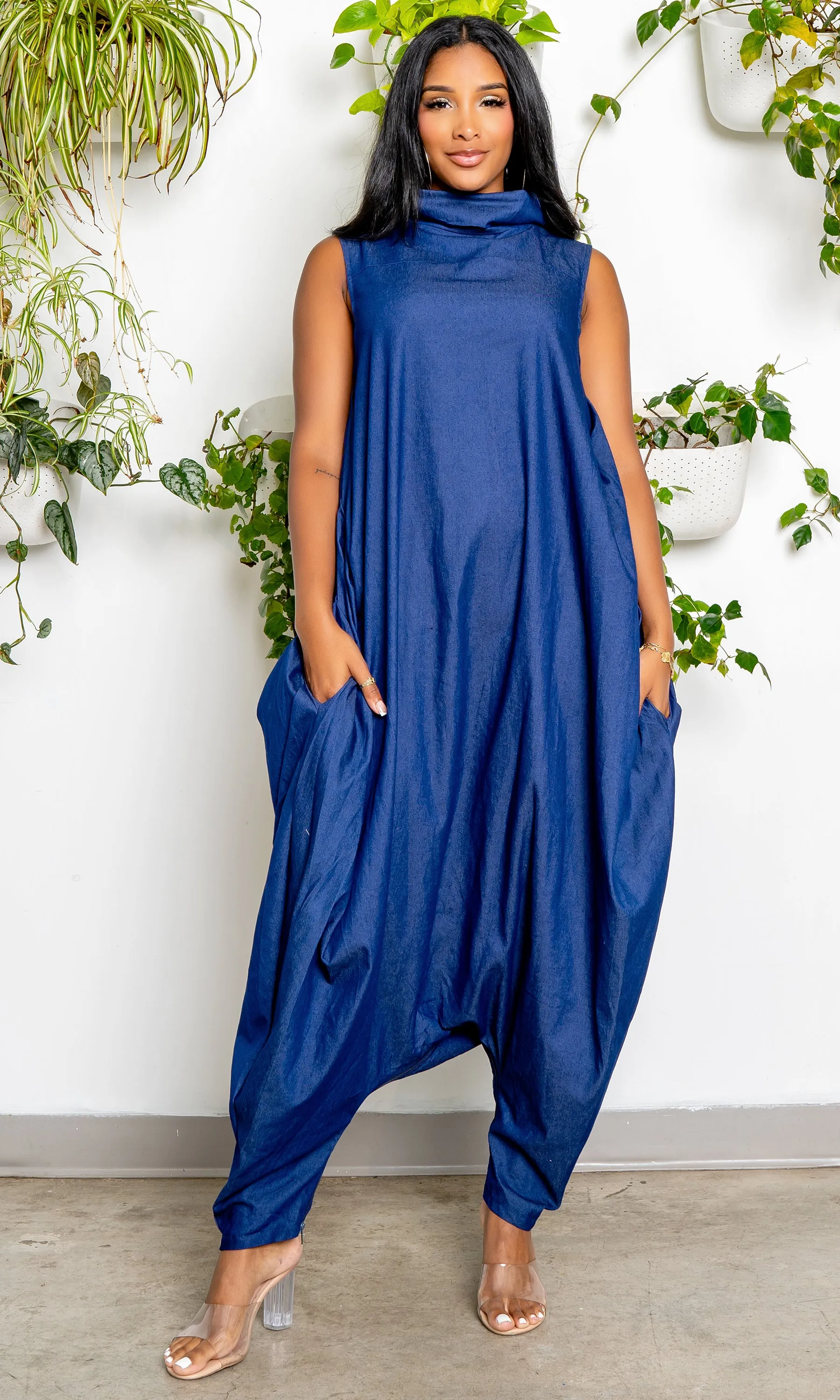 Turtle Neck Harem Jumpsuit - Blue Denim