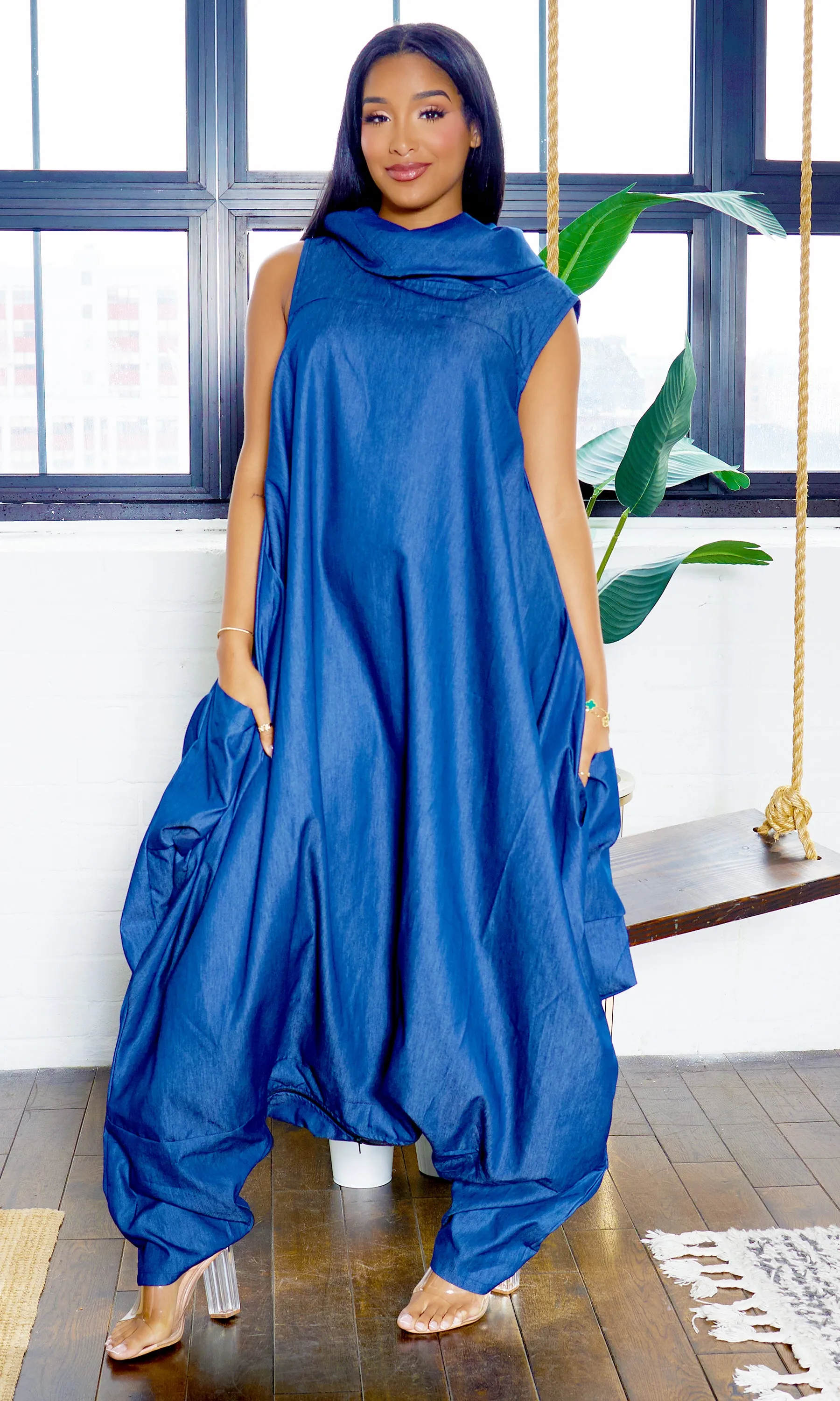 Turtle Neck Harem Jumpsuit - Blue Denim