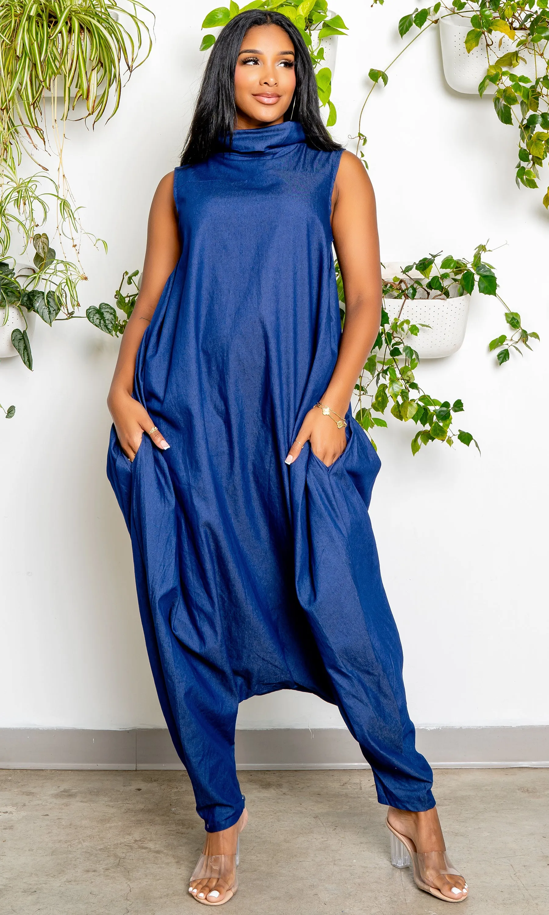 Turtle Neck Harem Jumpsuit - Blue Denim