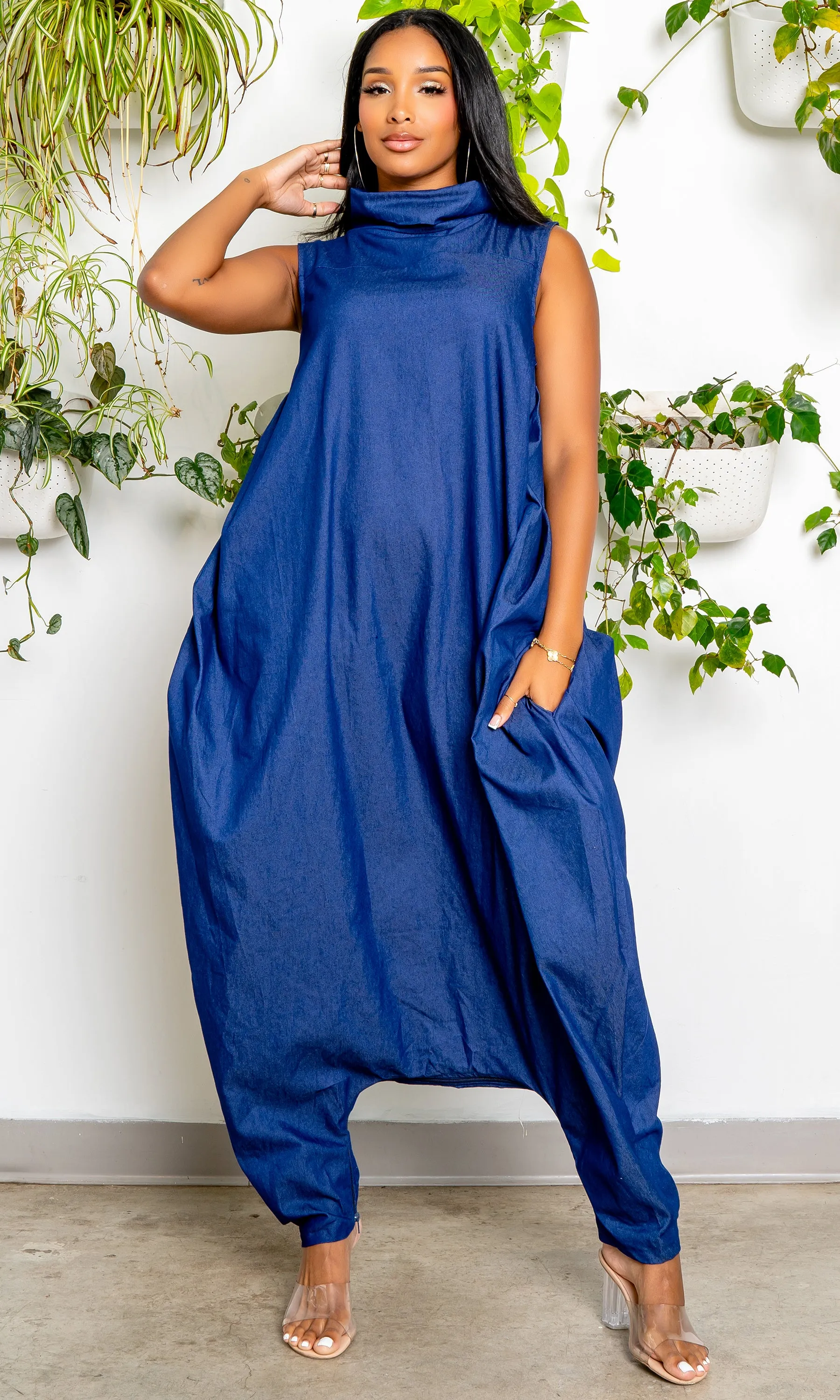 Turtle Neck Harem Jumpsuit - Blue Denim