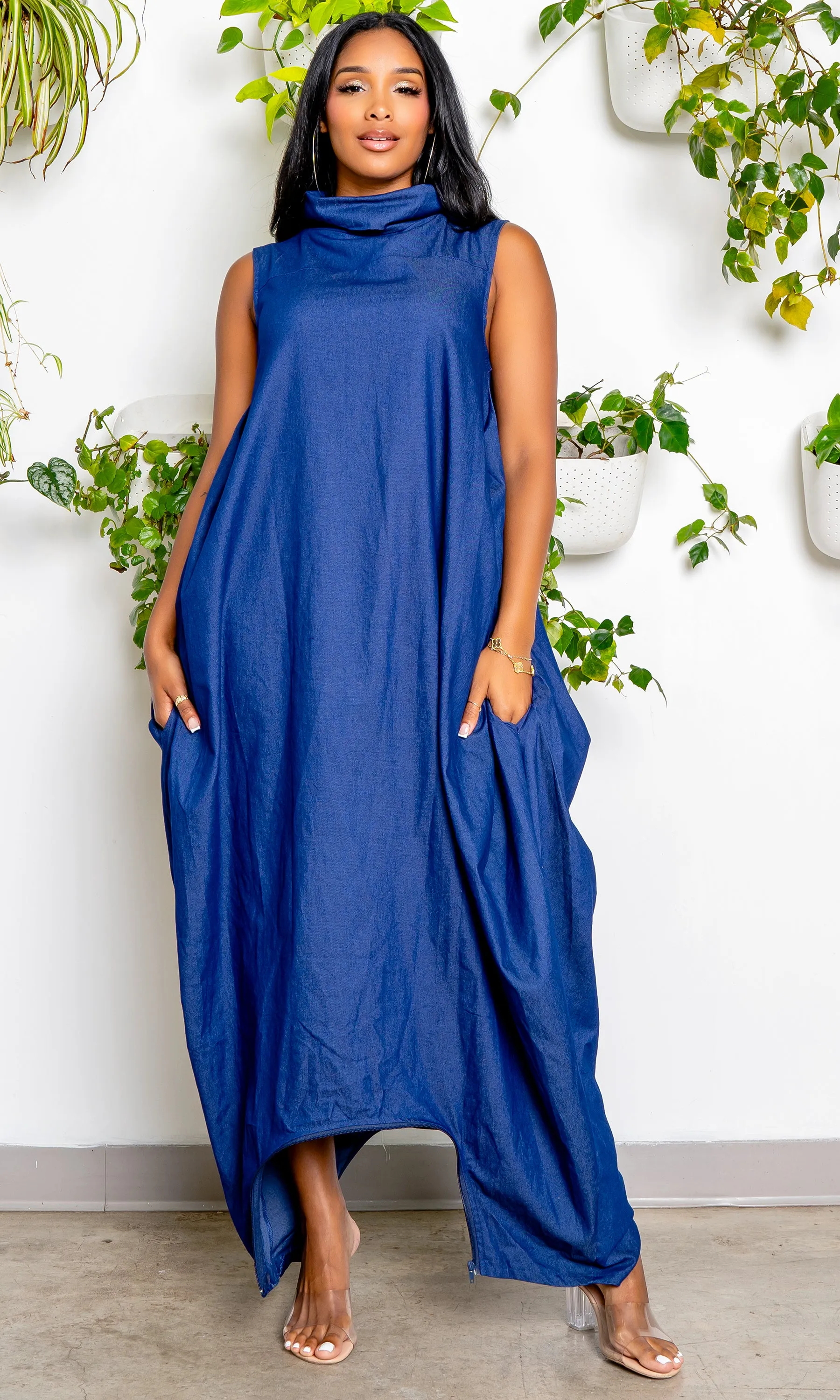Turtle Neck Harem Jumpsuit - Blue Denim