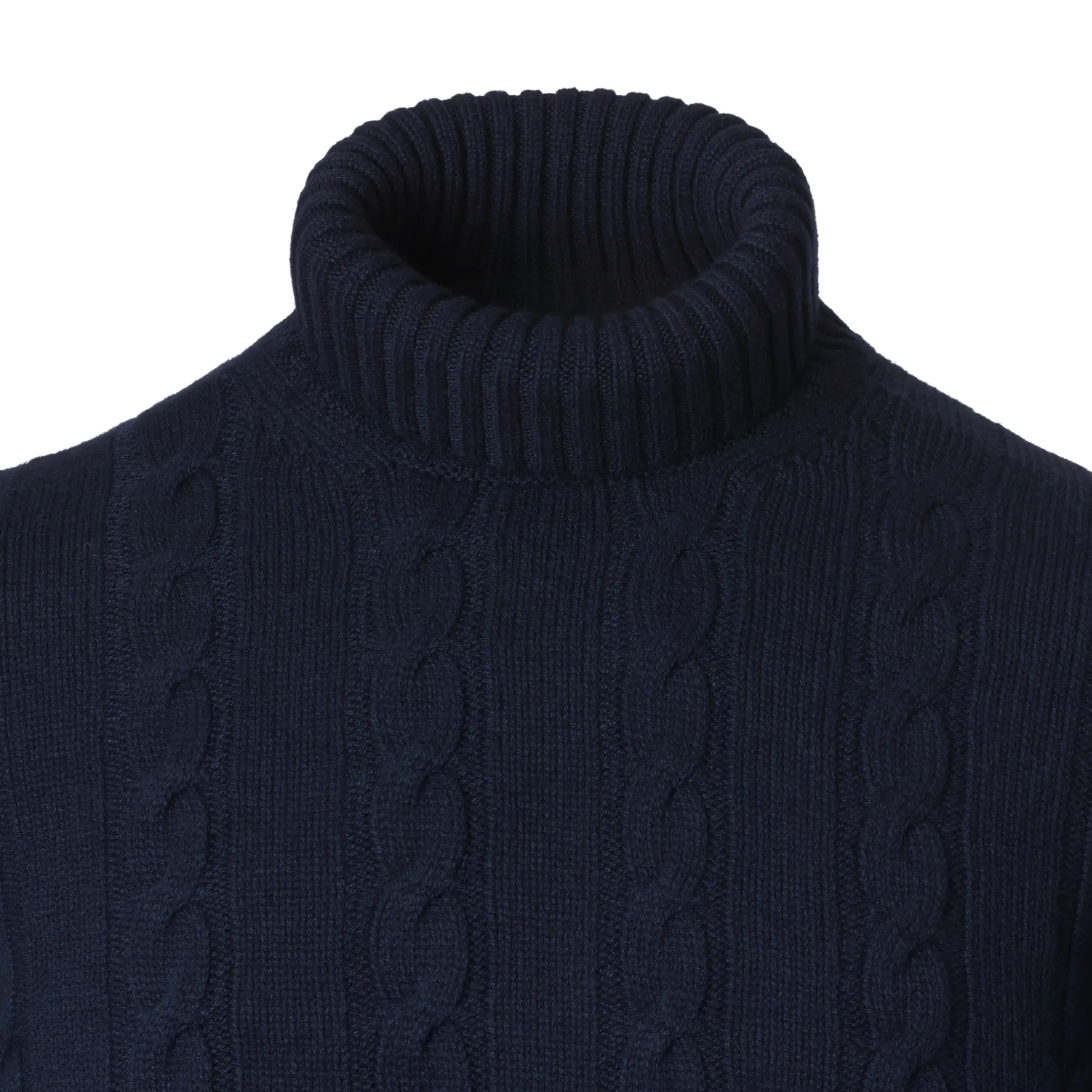 Turtleneck Cable-Knit Wool, Silk and Cashmere-Blend Sweater in Navy Blue