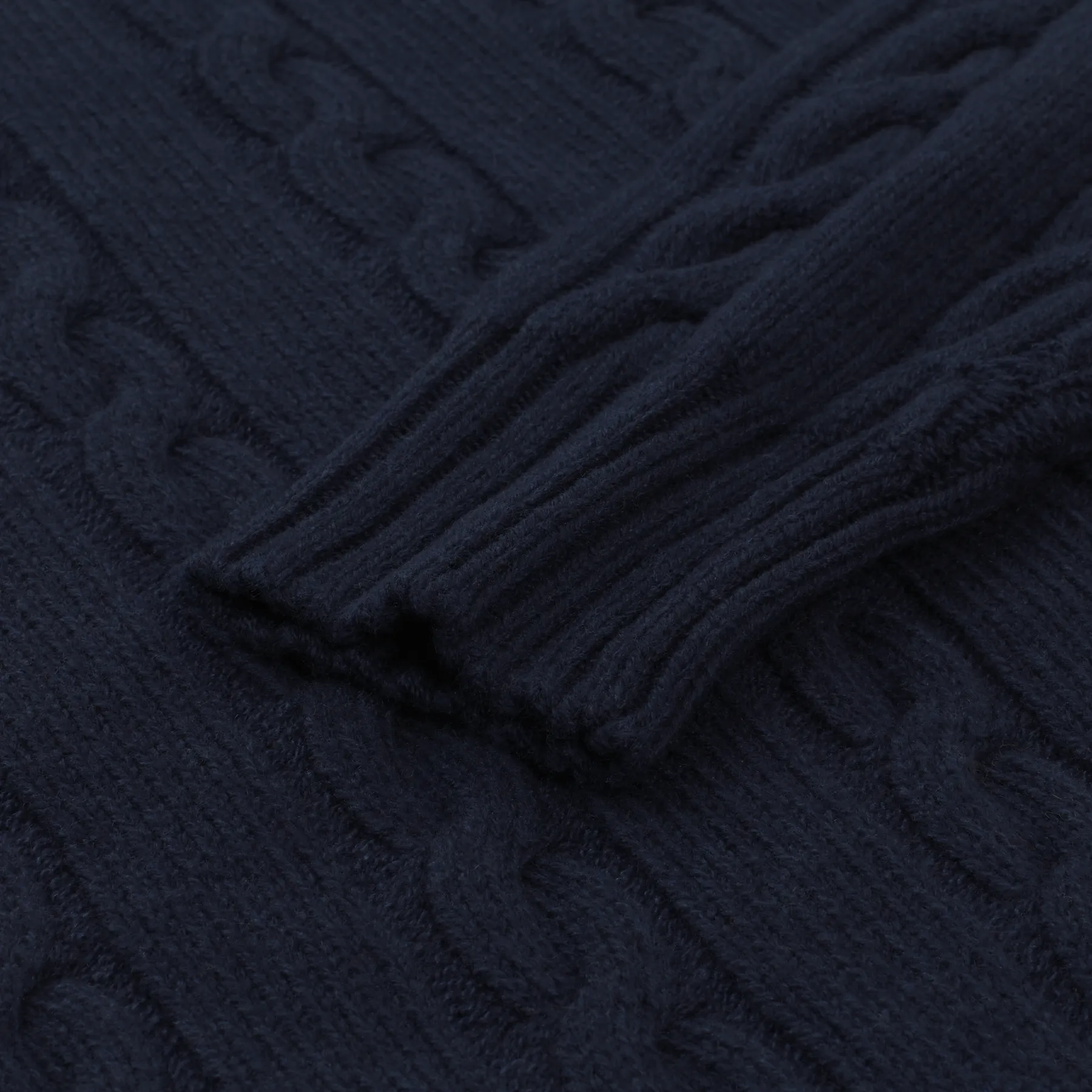Turtleneck Cable-Knit Wool, Silk and Cashmere-Blend Sweater in Navy Blue