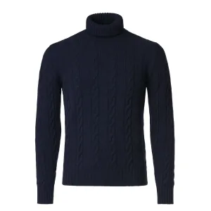 Turtleneck Cable-Knit Wool, Silk and Cashmere-Blend Sweater in Navy Blue