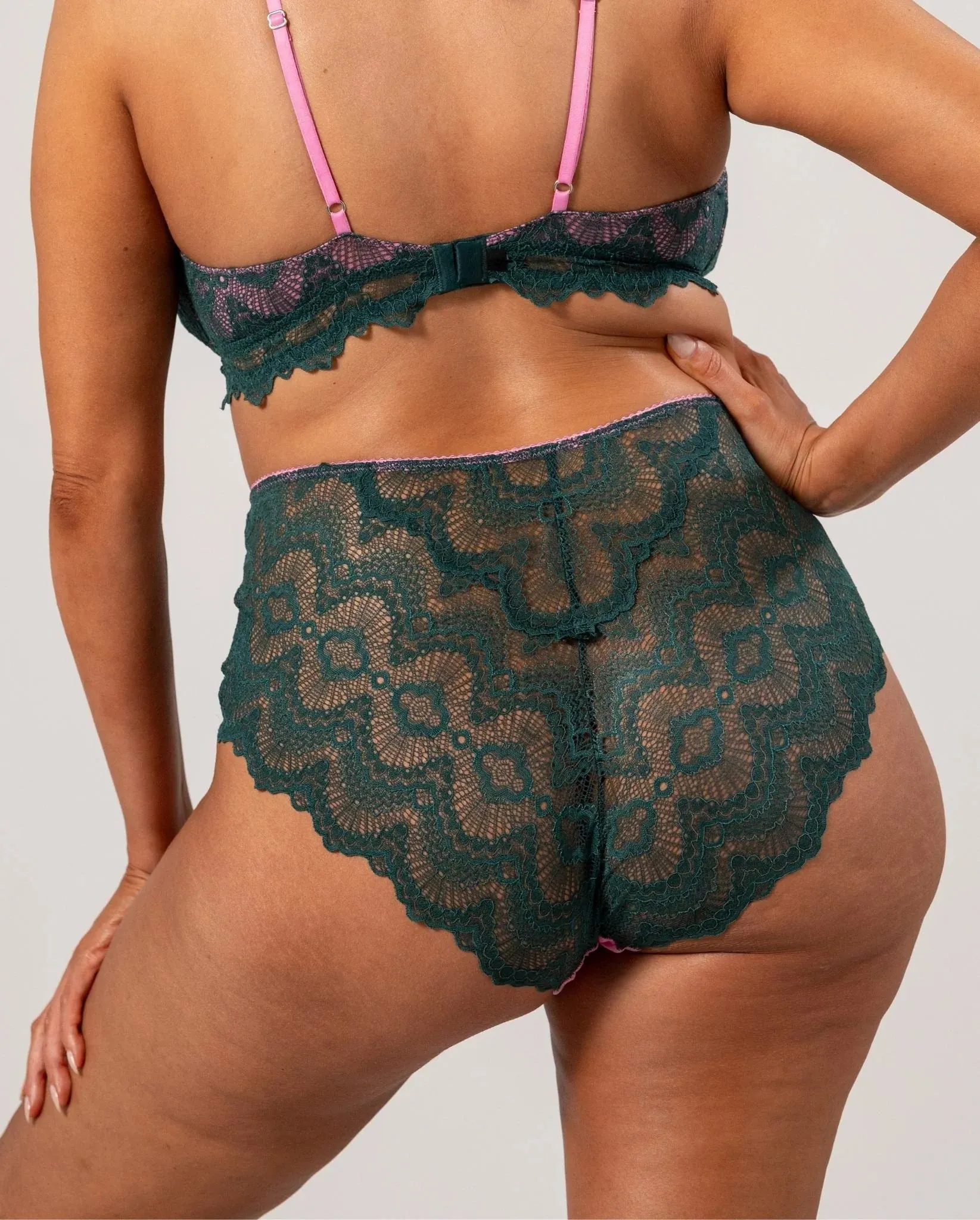 Understatement Underwear - Lace Mesh Highwaist Briefs - Pine/Candy Pink
