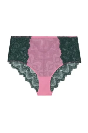 Understatement Underwear - Lace Mesh Highwaist Briefs - Pine/Candy Pink