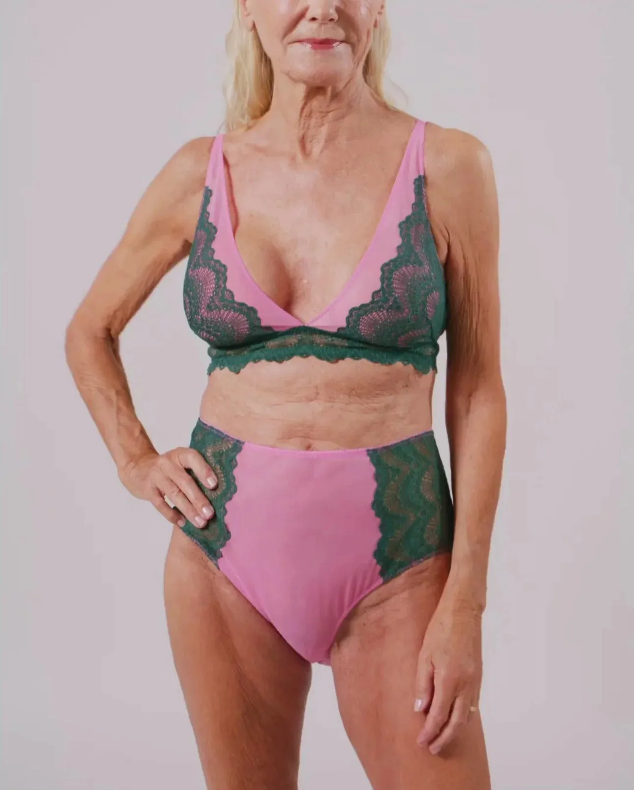 Understatement Underwear - Lace Mesh Highwaist Briefs - Pine/Candy Pink