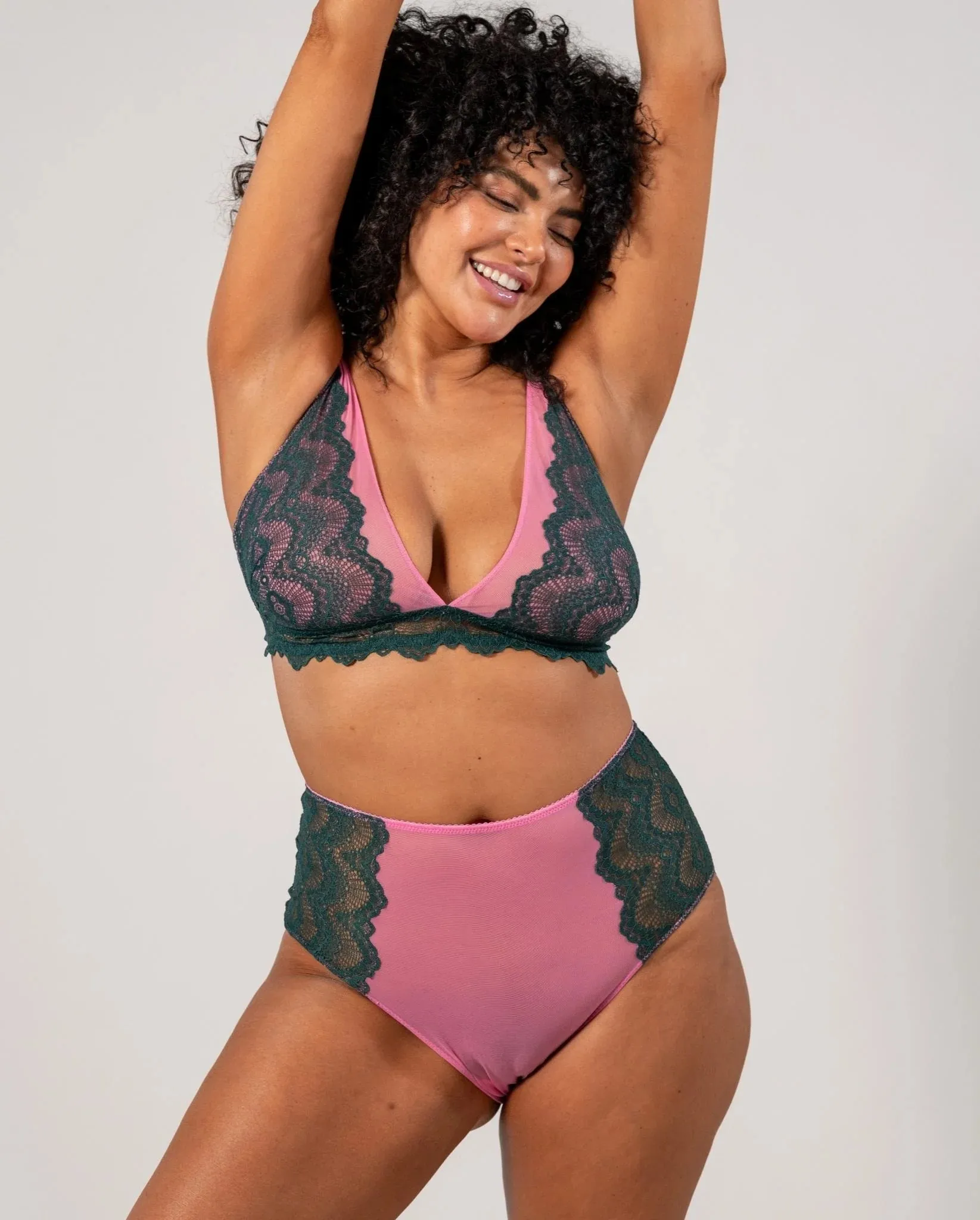 Understatement Underwear - Lace Mesh Highwaist Briefs - Pine/Candy Pink