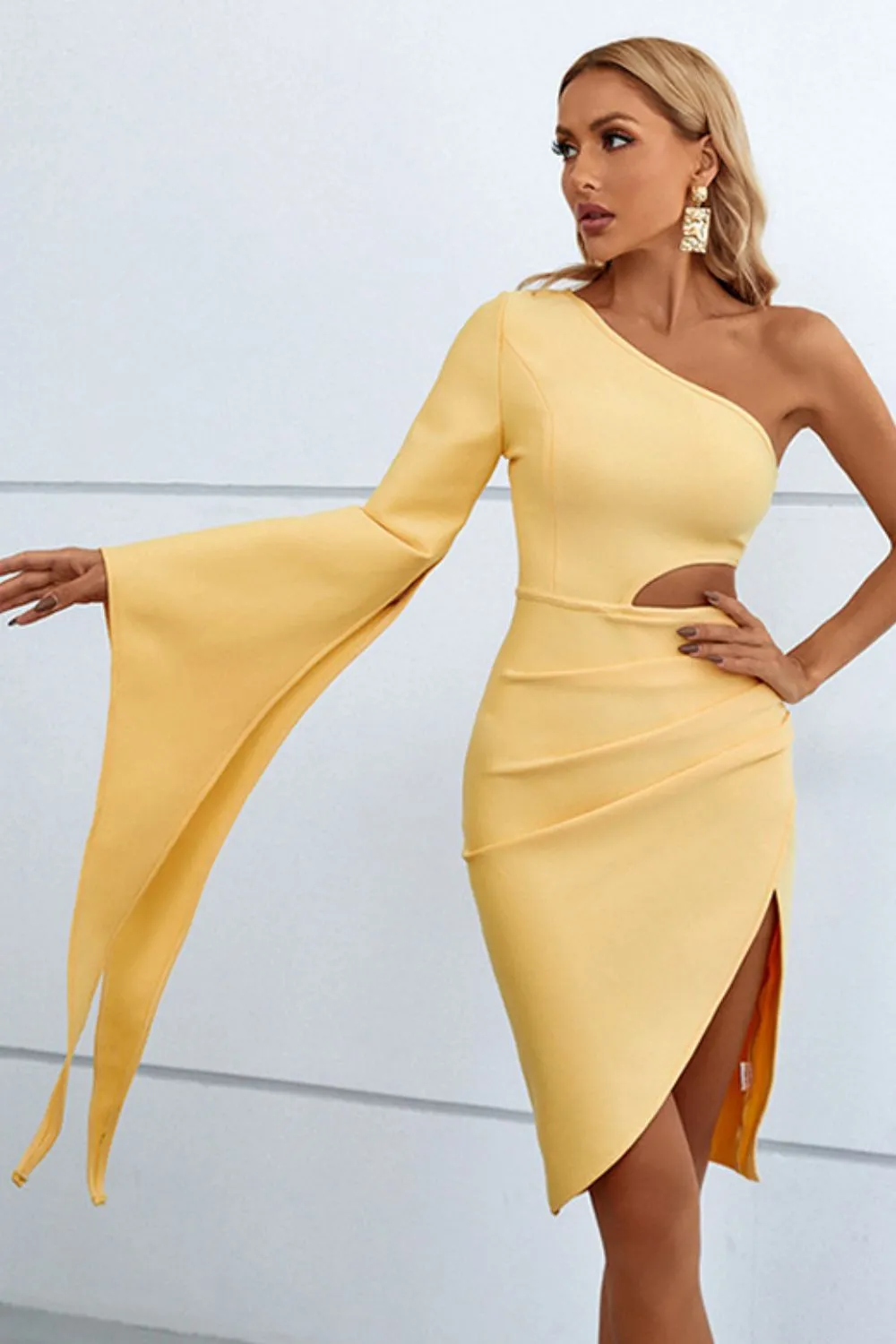 Wedding Guests / Cutout Split Flare Sleeve One-Shoulder Dress
